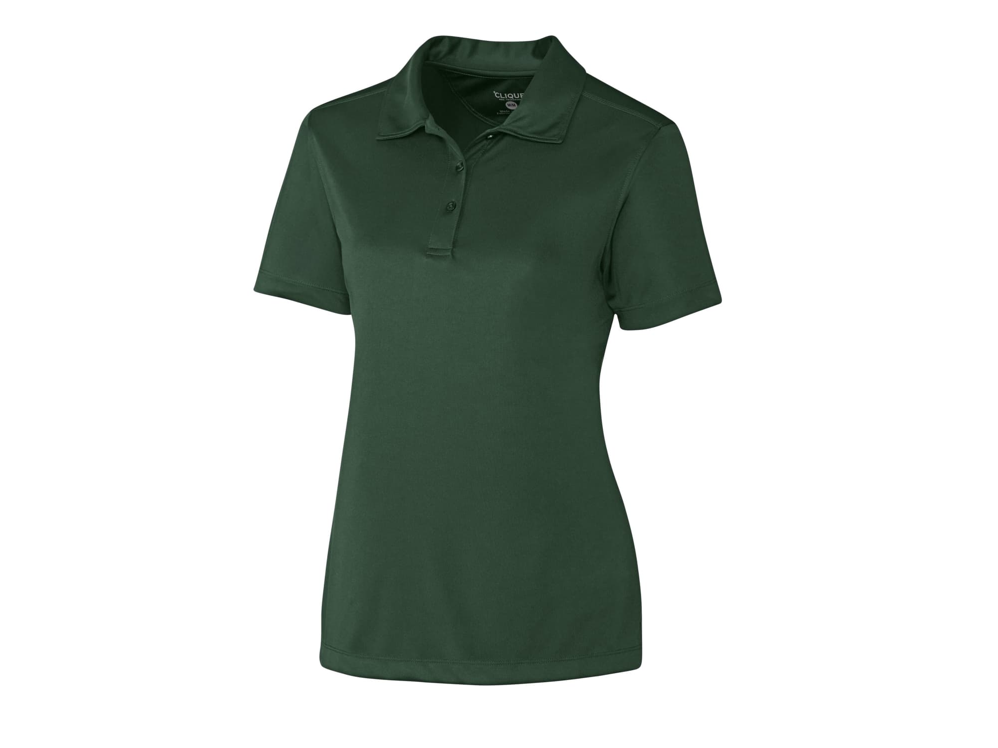 A green ladies polo shirt featuring a collar and short sleeves, with a logo on the chest.
