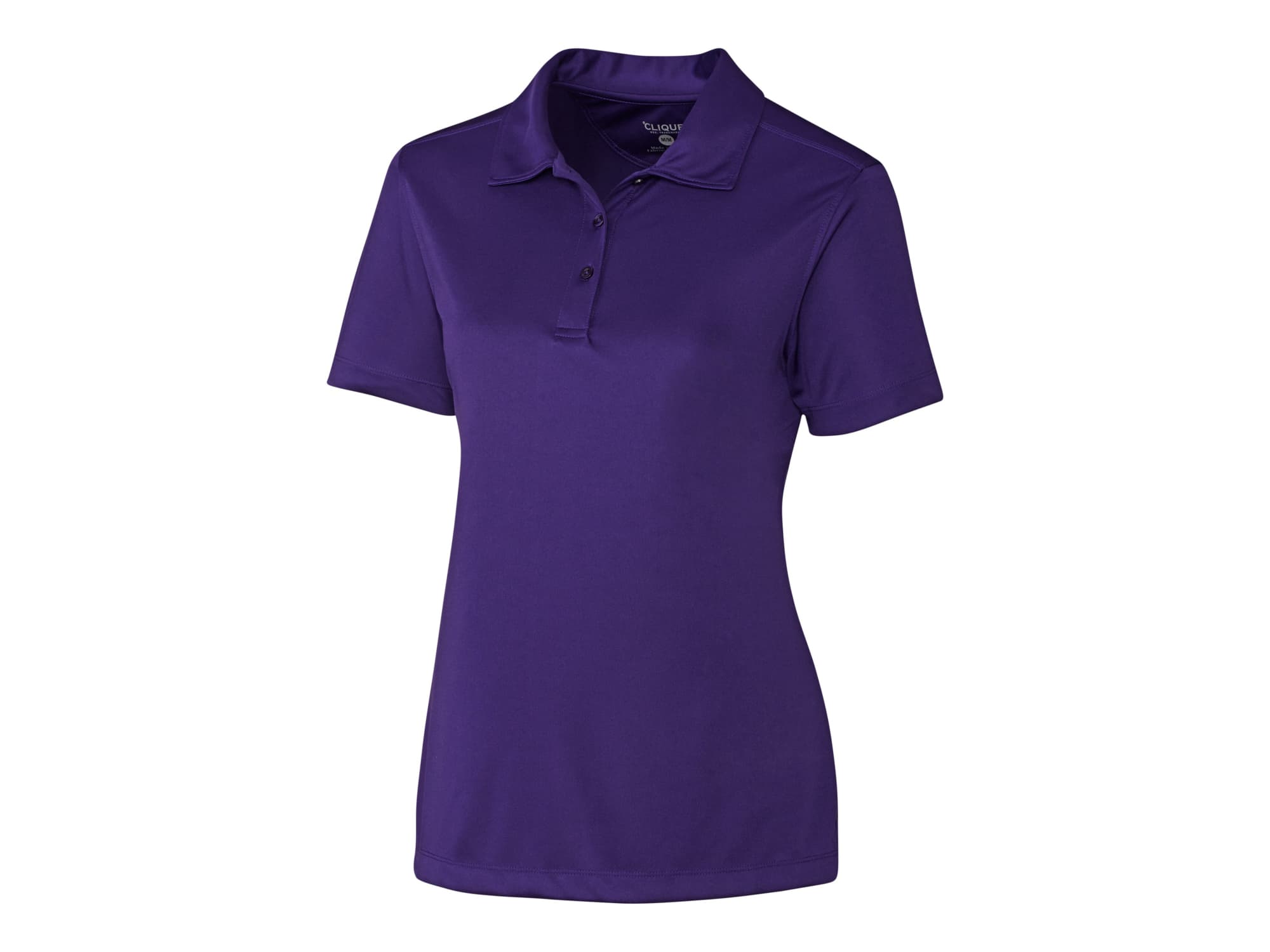 A purple polo shirt with a collar, short sleeves, and a button placket. It features a logo on the chest.