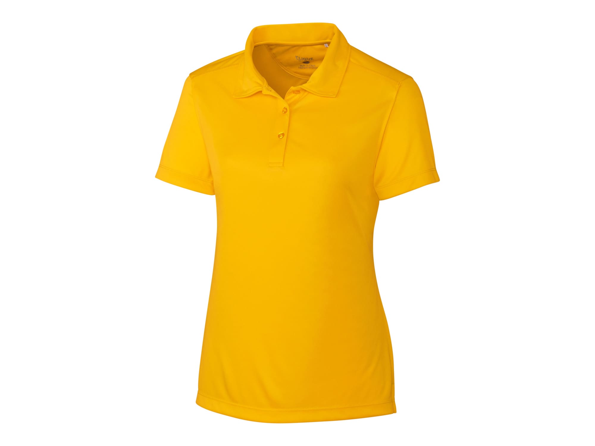 A yellow ladies' polo shirt with a collared neckline and short sleeves. It features a logo on the chest.