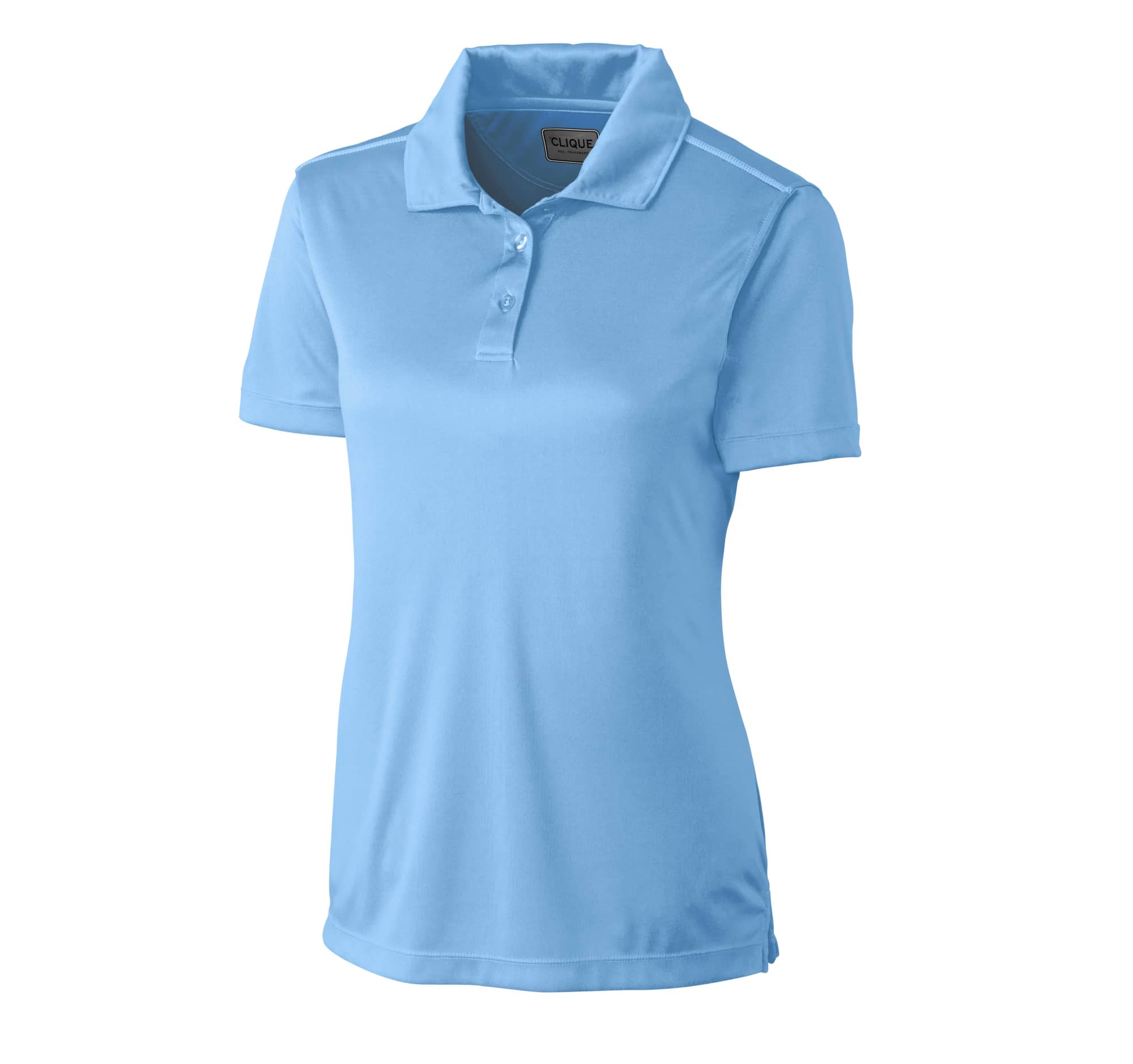 A light blue polo shirt for women with a collar, short sleeves, and a logo.
