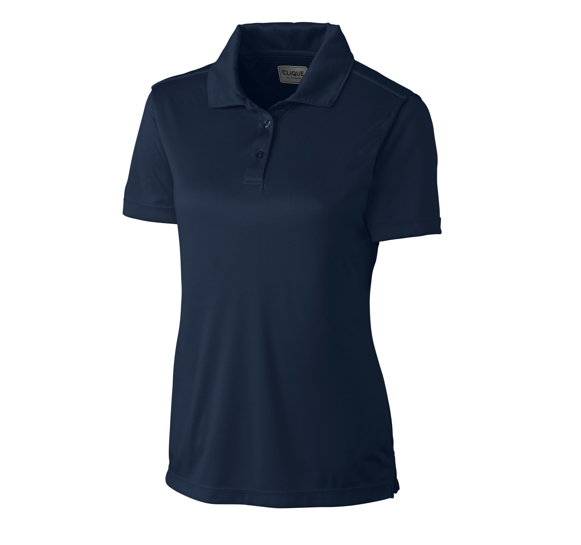 A navy polo shirt for women with a collar, short sleeves, and a logo on the chest.