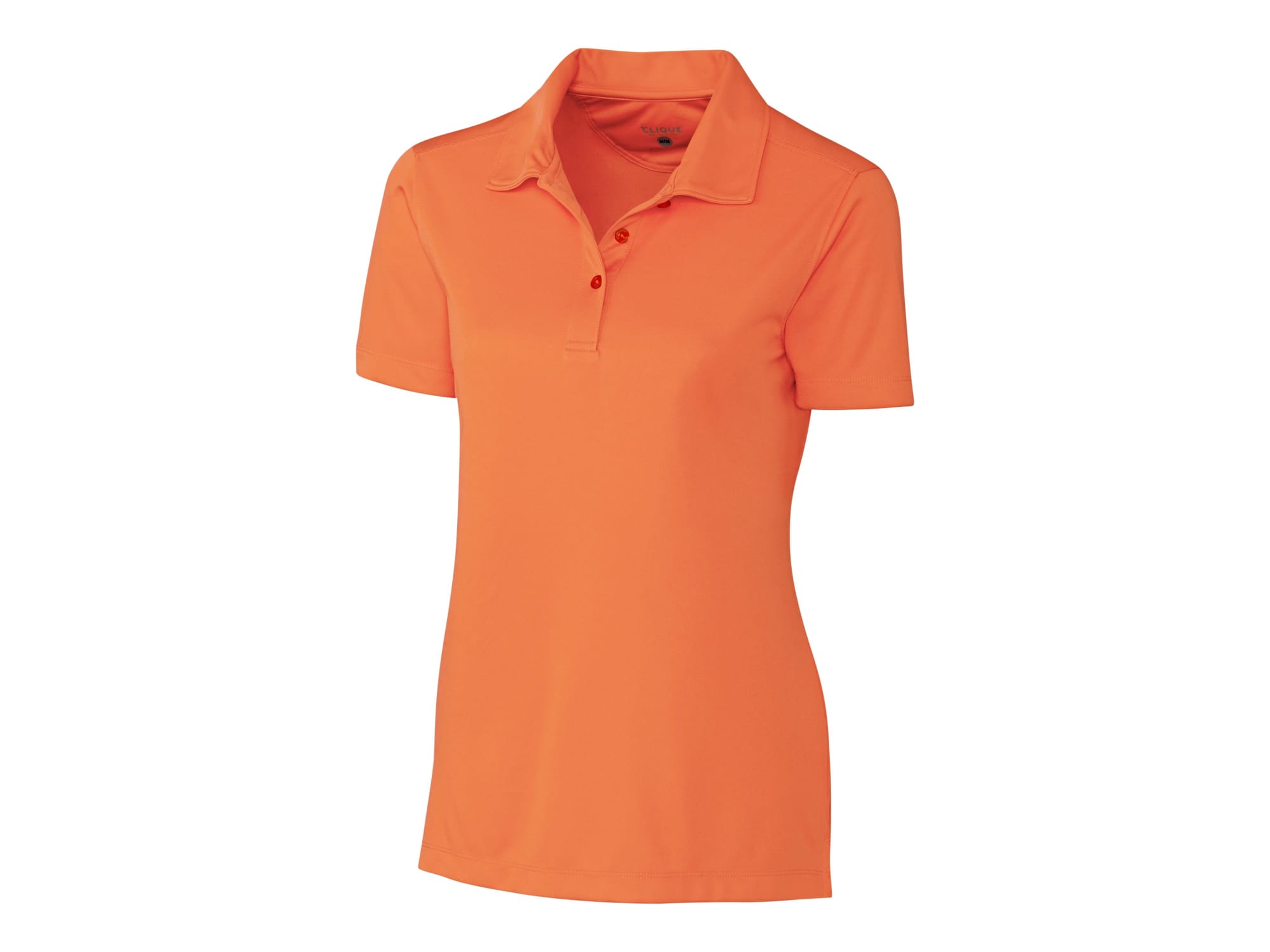 An orange ladies polo shirt with a collar and short sleeves. It features a button placket and has a logo.