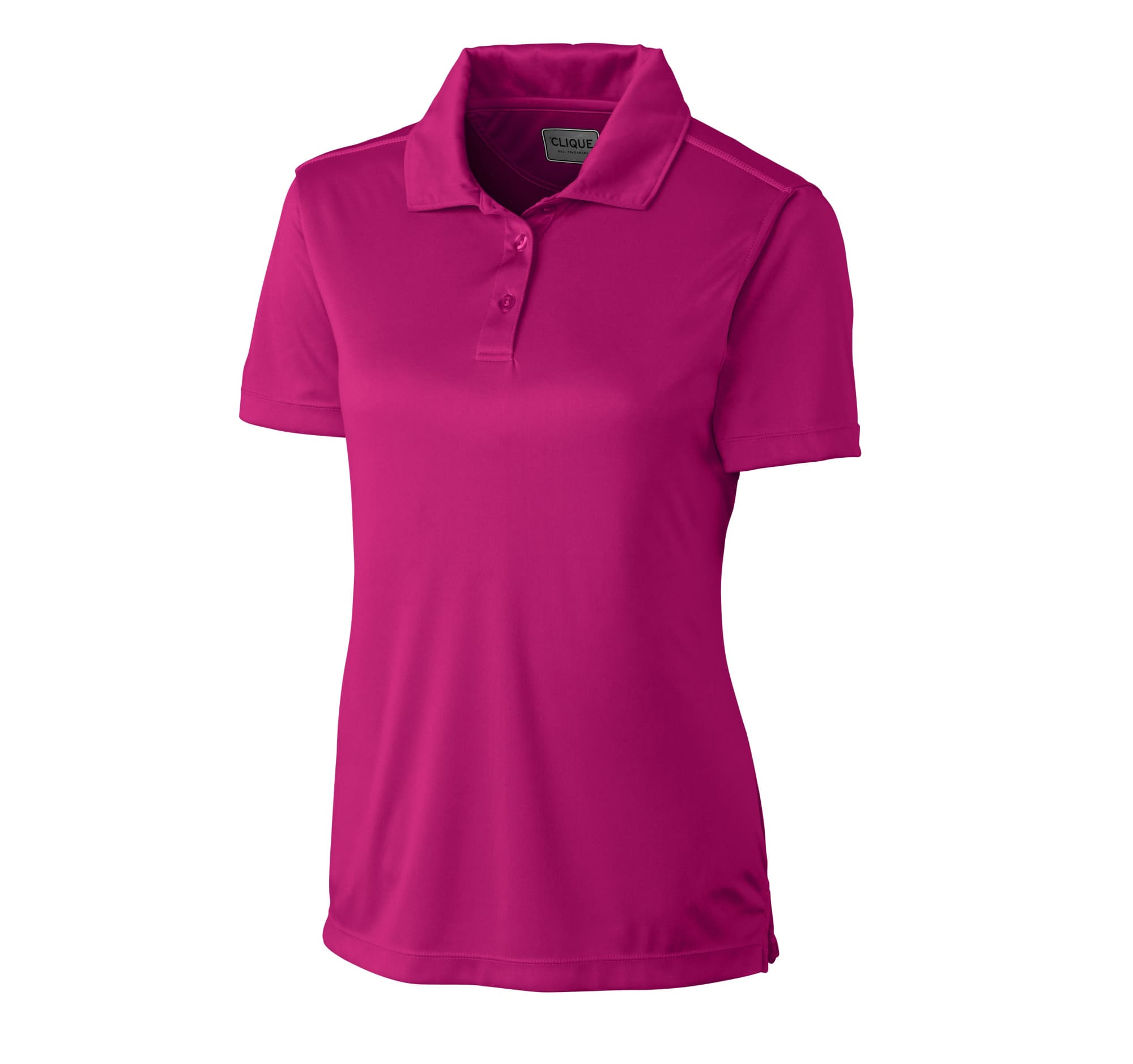 A pink ladies polo shirt with a classic collar and short sleeves. It features a logo on the side.