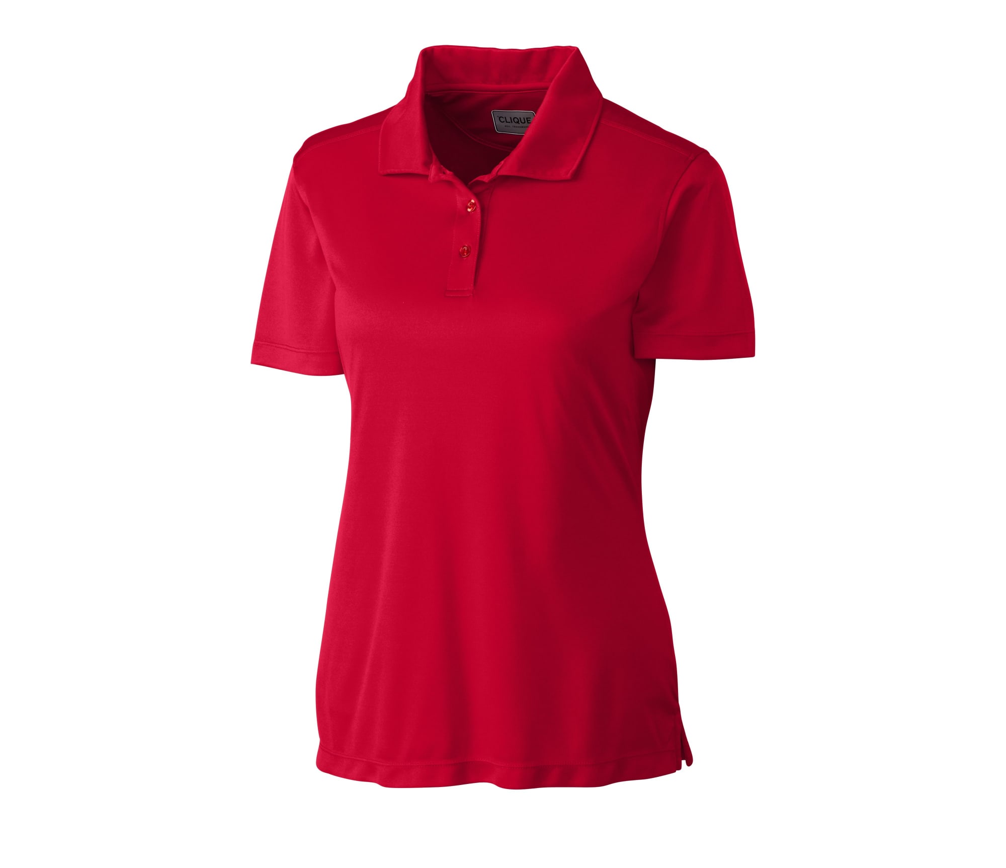 A red ladies polo shirt featuring a collar, short sleeves, and a logo on the fabric.