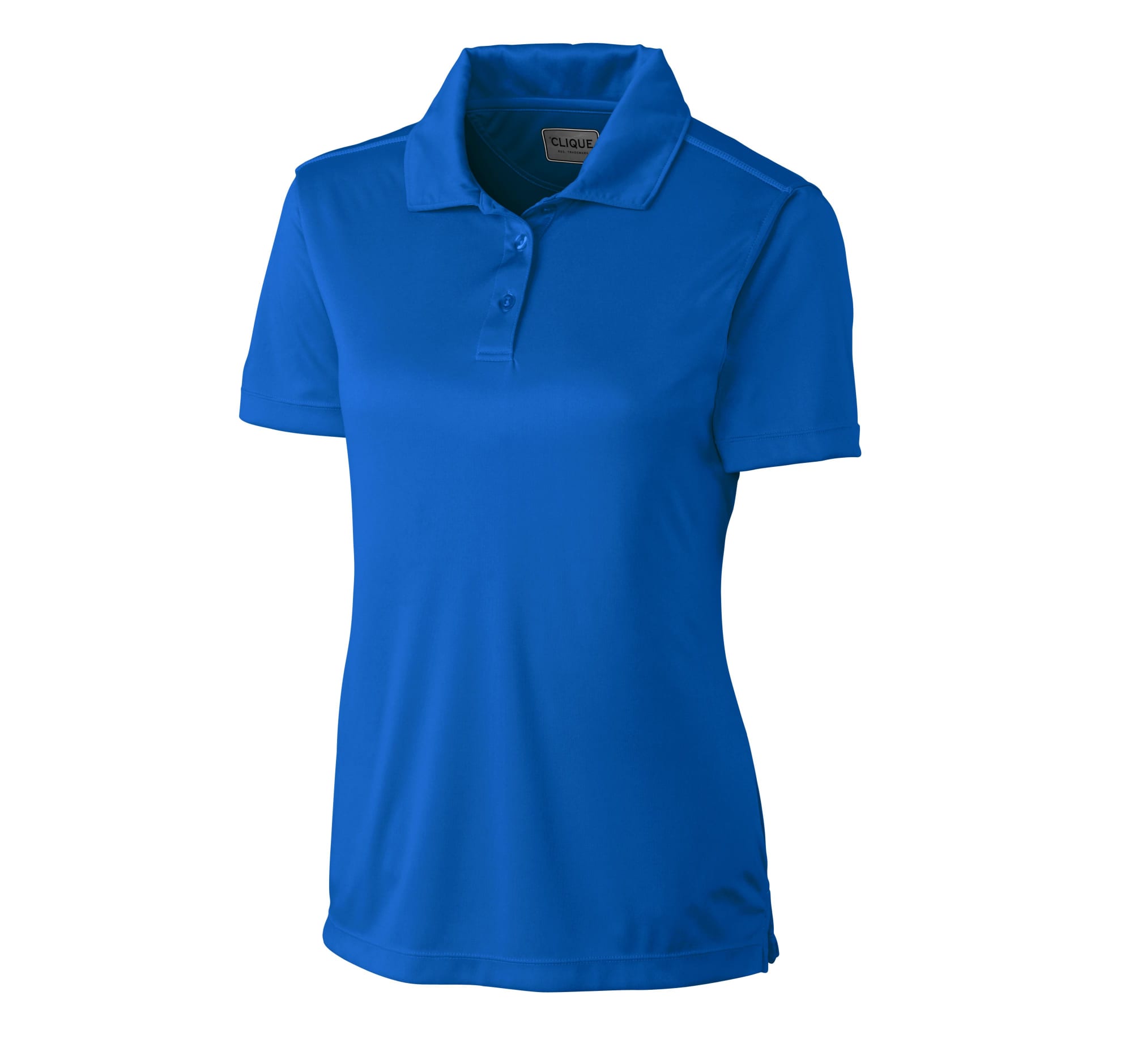 A blue ladies polo shirt with a collar, short sleeves, and a logo on the front.