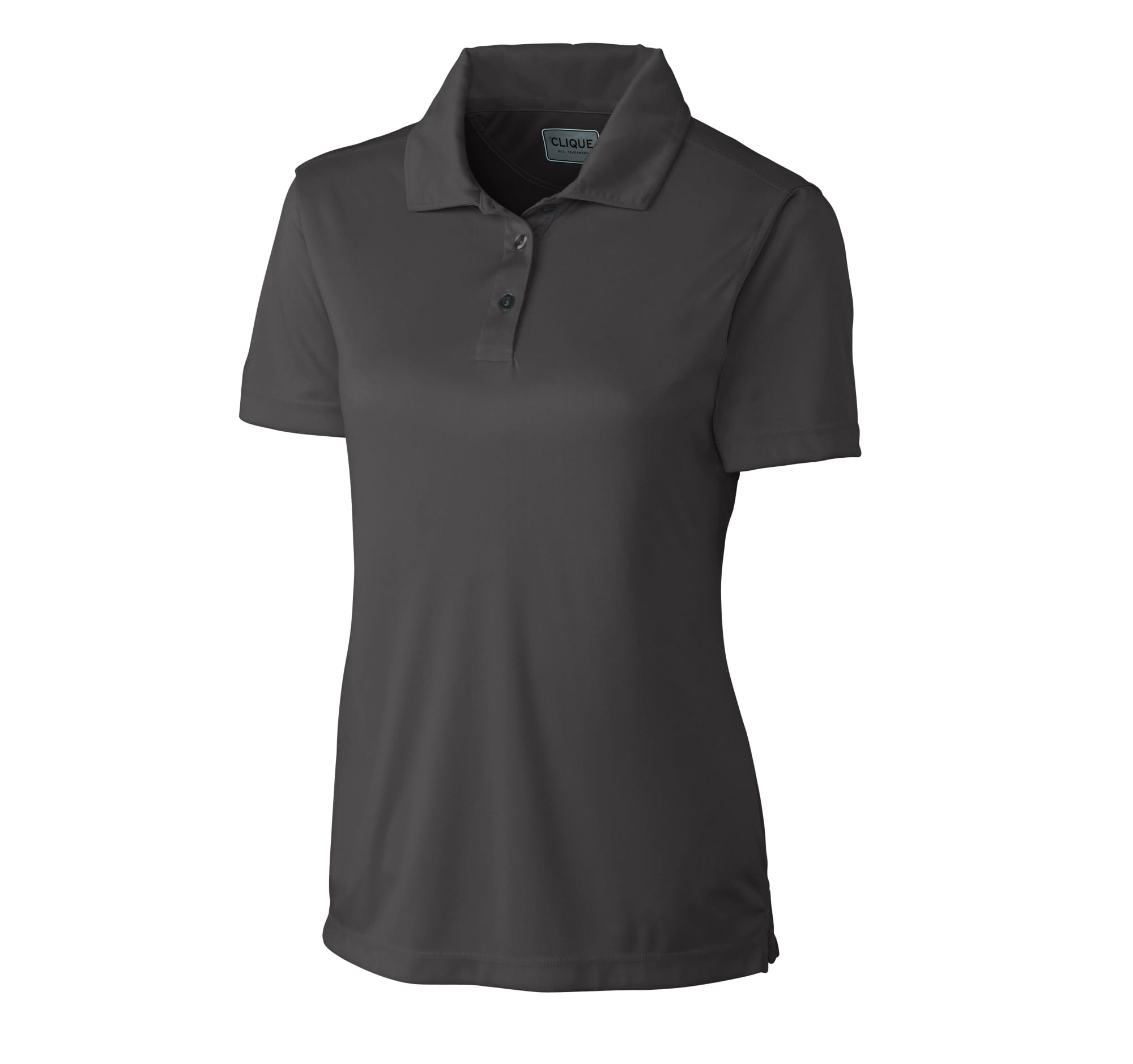 A ladies' polo shirt in dark grey with a classic collar and short sleeves, featuring a logo on it.
