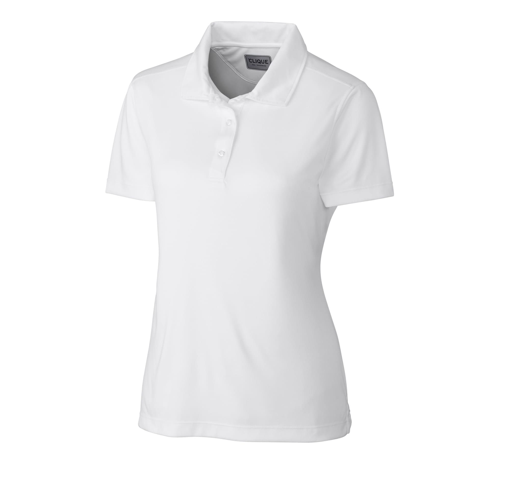 A white polo shirt for women with a collar and button placket, featuring a logo on the chest.