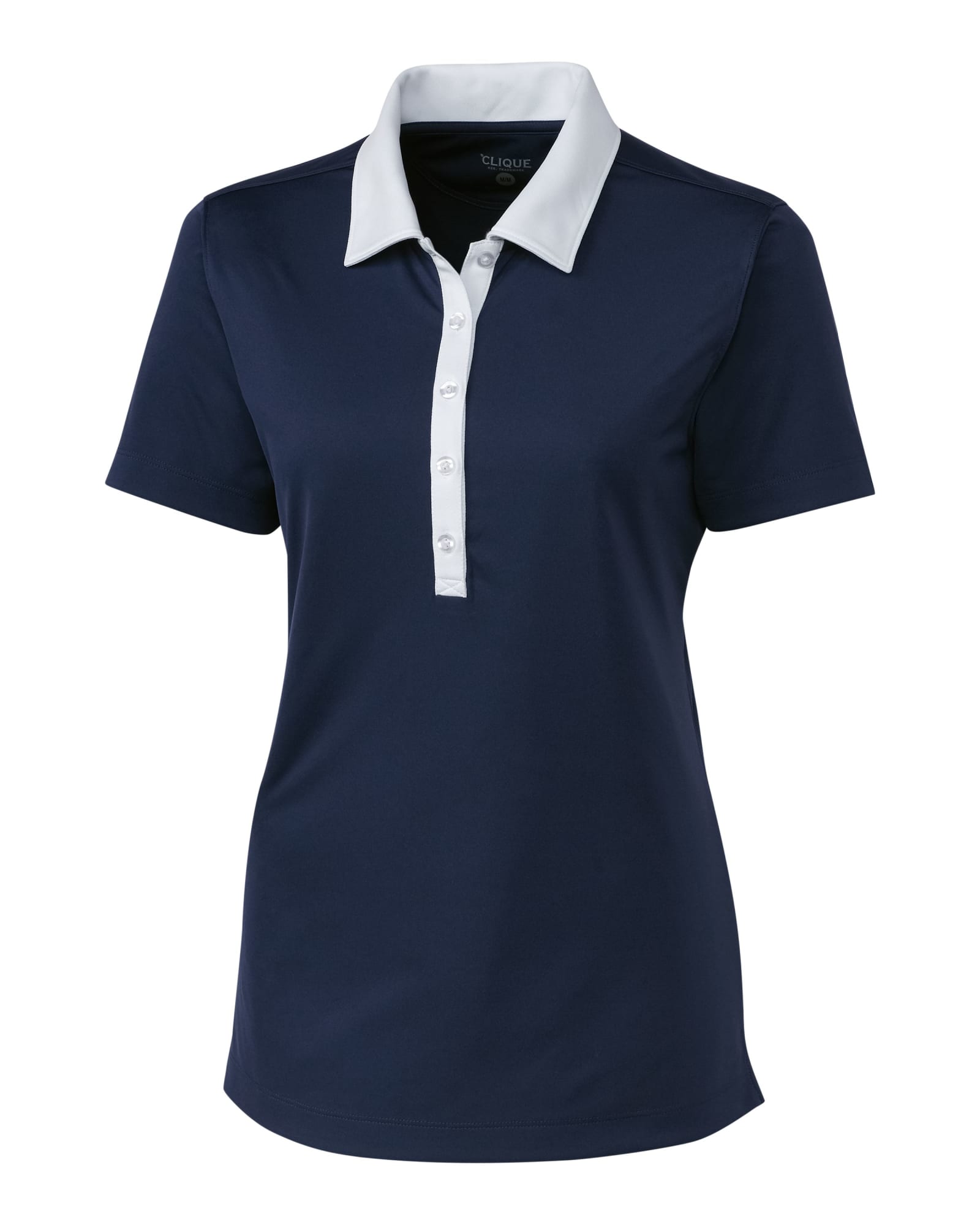 A navy blue ladies' polo shirt with a white collar and buttons, featuring a logo on the front.
