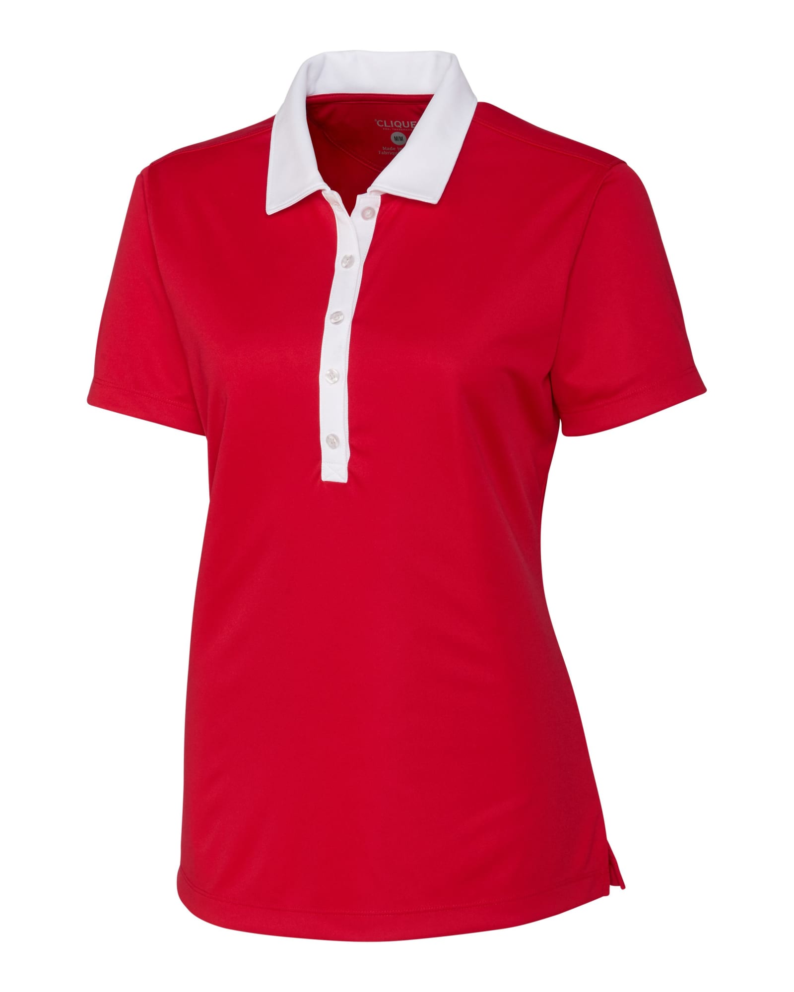 A red polo shirt with a white collar and button placket, featuring a logo on the chest.