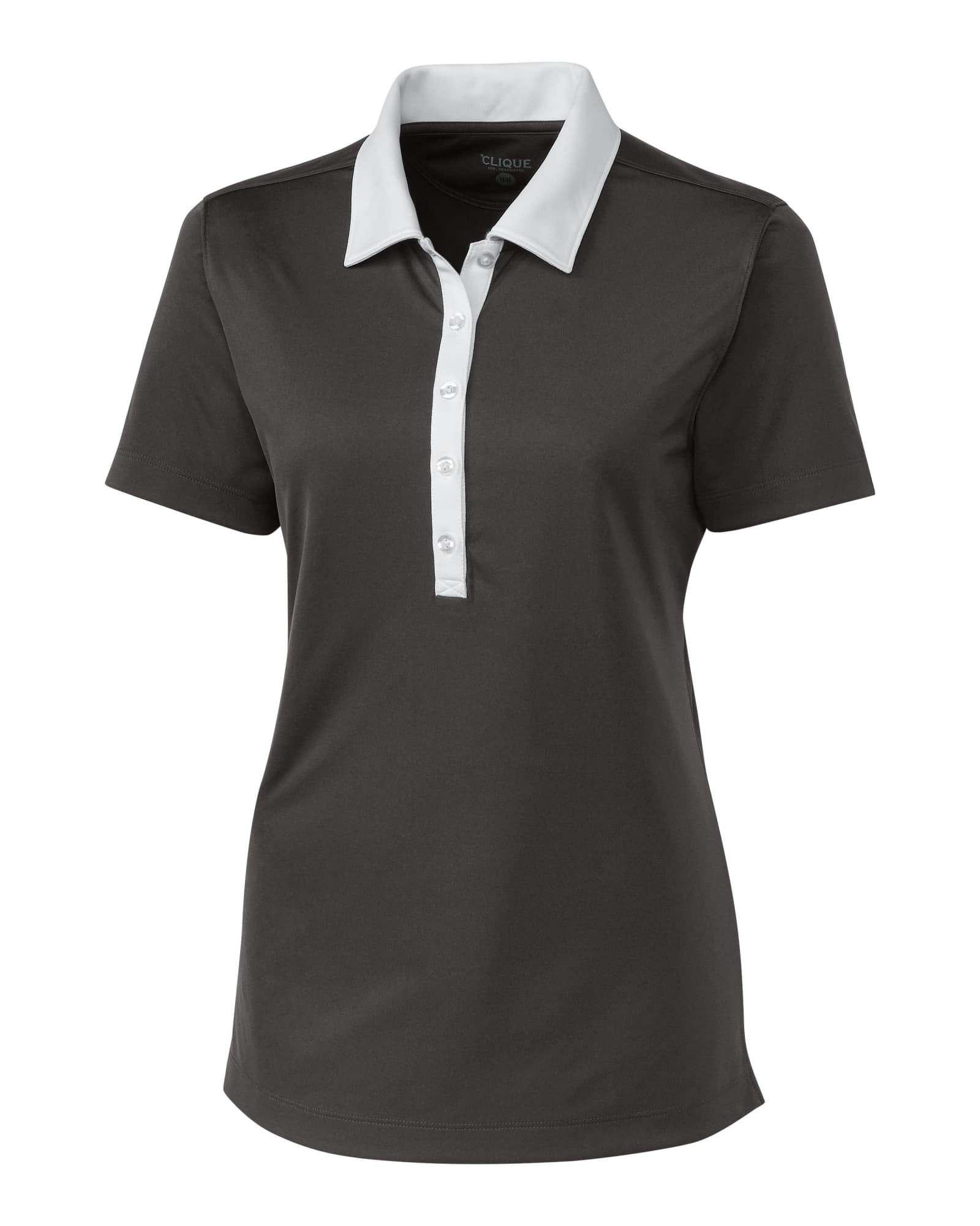 A dark grey ladies polo shirt with a white collar and button placket, featuring a logo.
