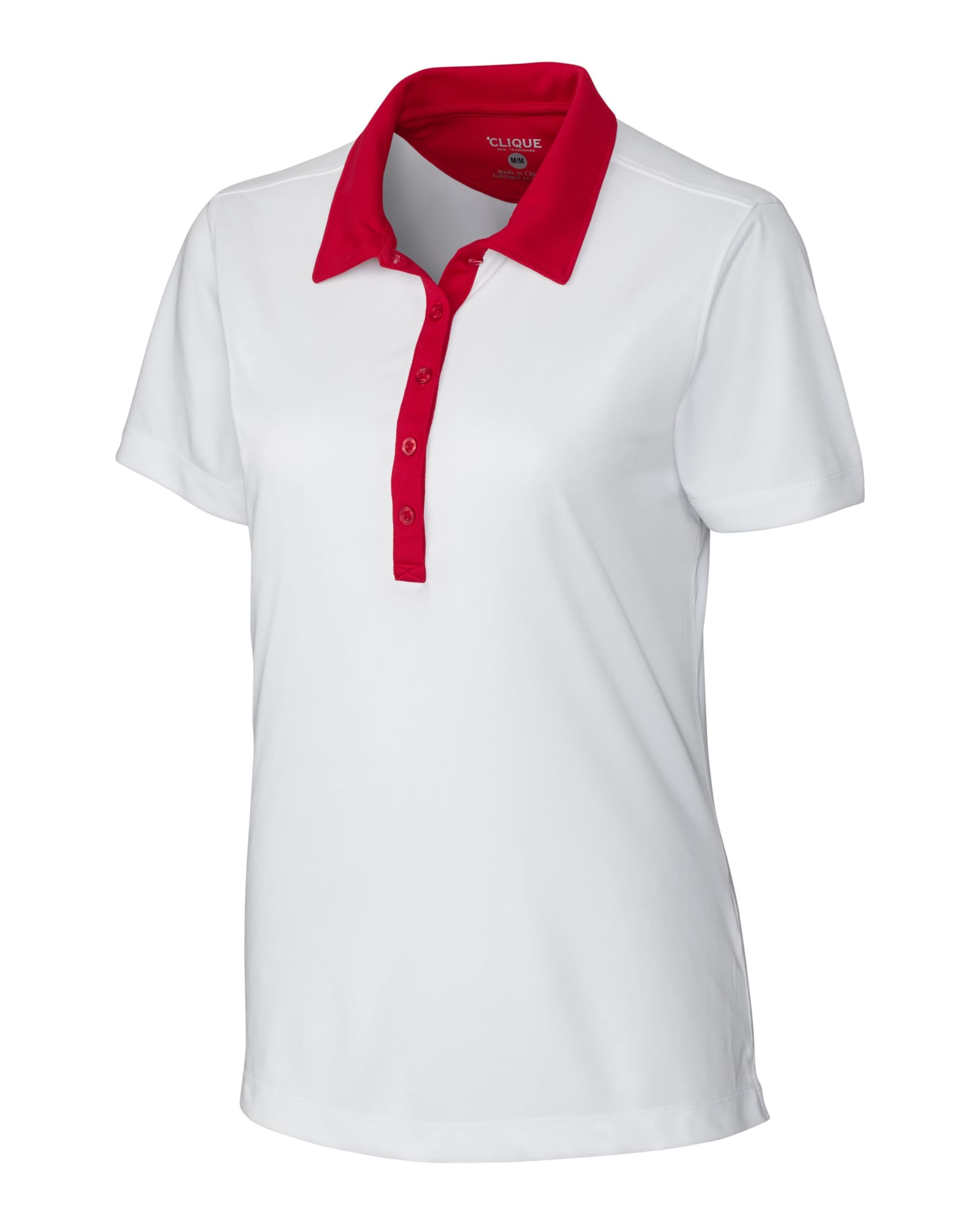 A white polo shirt with red collar and buttons, featuring a logo on the neckline.