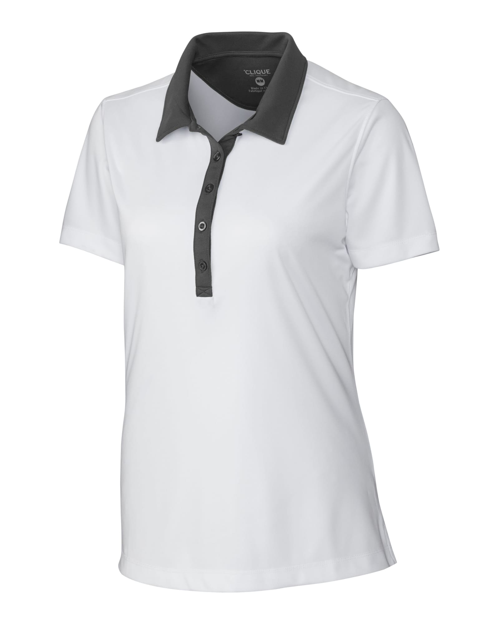 A ladies' polo shirt in white with a contrasting black collar and buttons, featuring a logo on the chest.