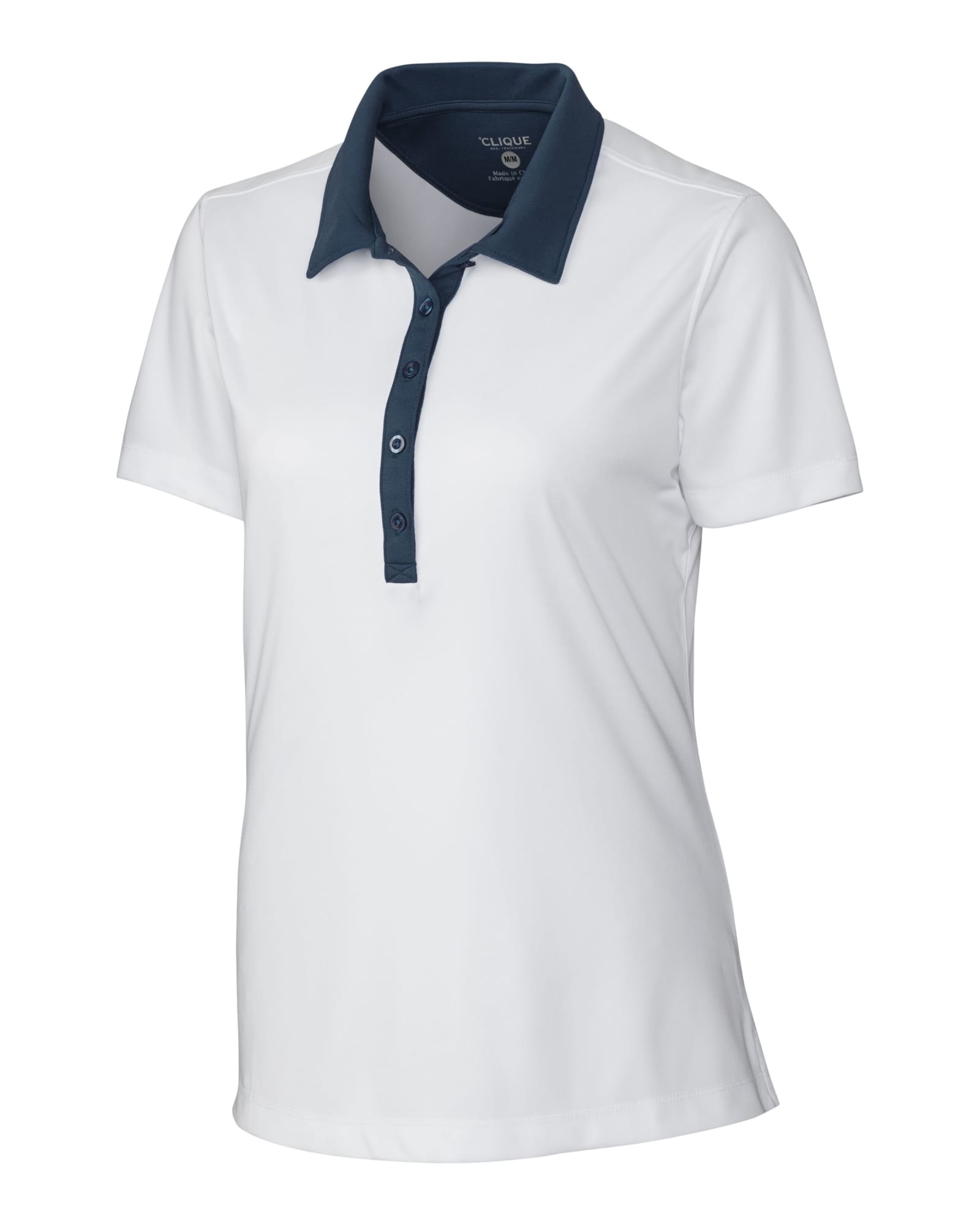 A white ladies polo shirt with a navy collar and buttons, featuring a logo on the chest.