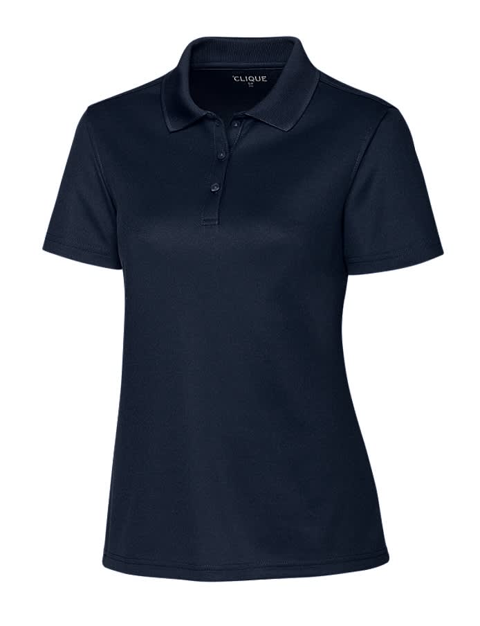 A navy polo shirt with a collared neckline, short sleeves, and a logo on the upper left.