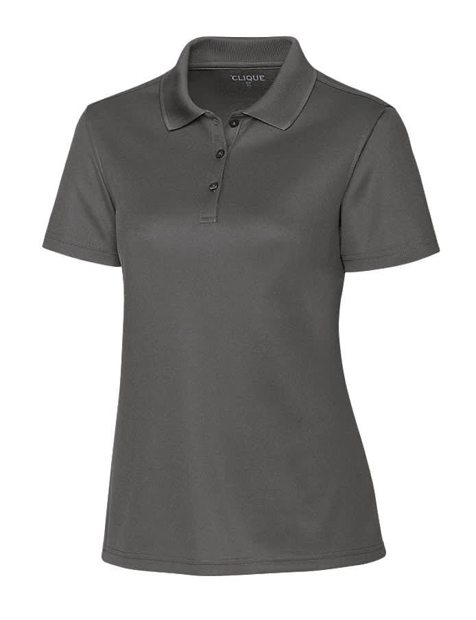 A grey polo shirt with a collar and three buttons, featuring a logo on the upper front.