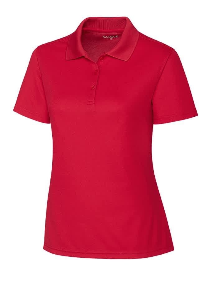 A red women's polo shirt with a collared neckline, short sleeves, and a simple design. It has a small logo on the chest.