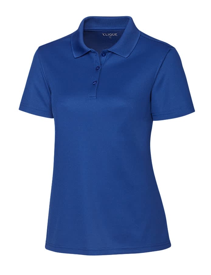 A blue women's polo shirt featuring a collar, buttons, and a logo on the chest.