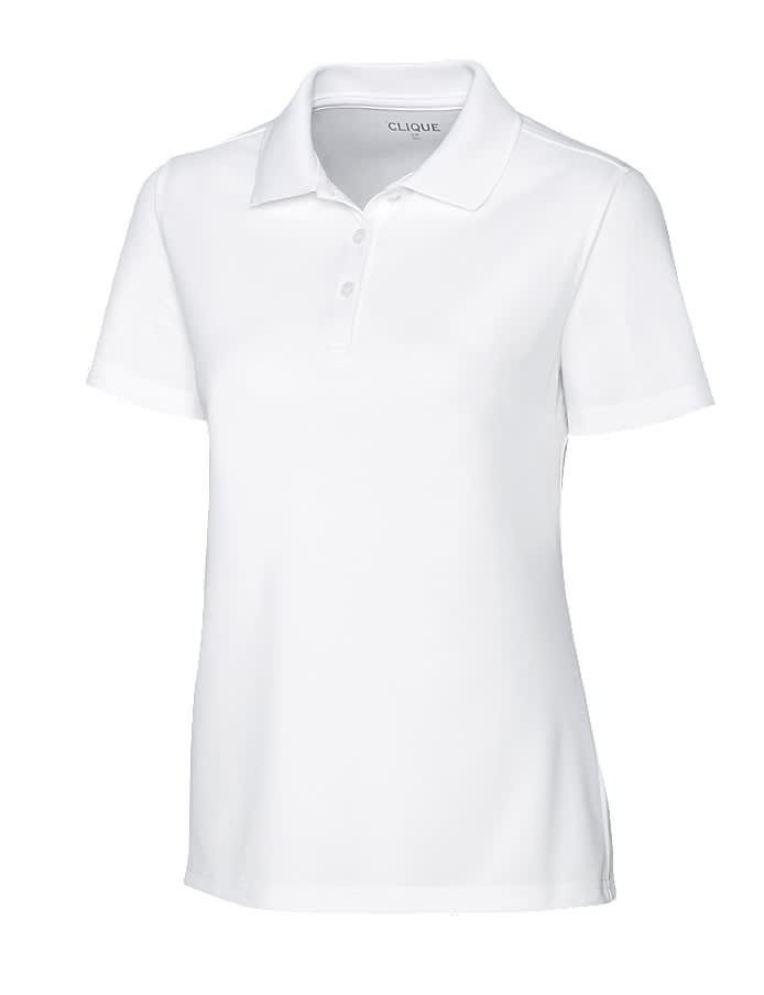 A white women's polo shirt with a collar, short sleeves, and a branding logo.