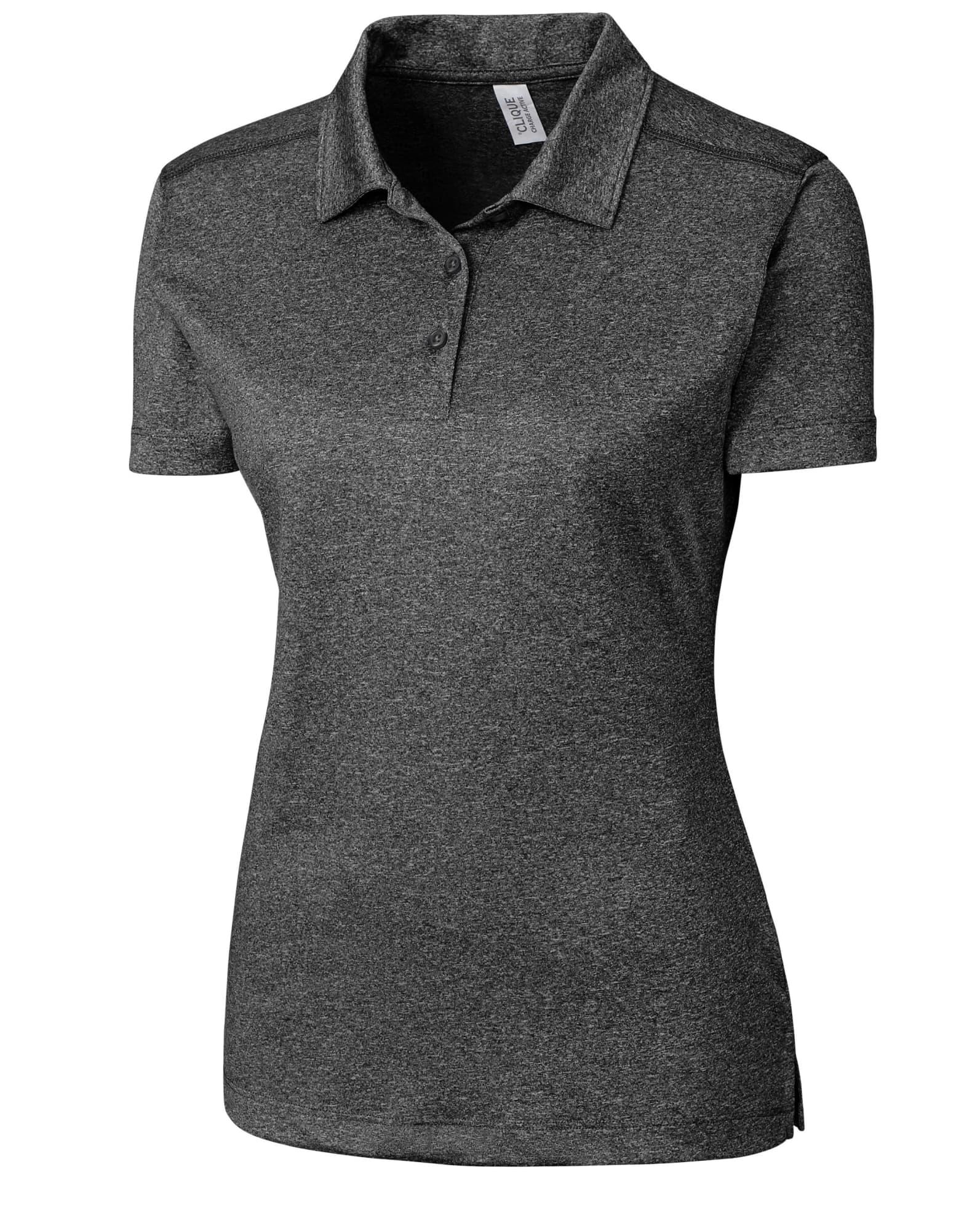 A women's polo shirt in dark grey with a collar and three buttons, featuring branding on the fabric.