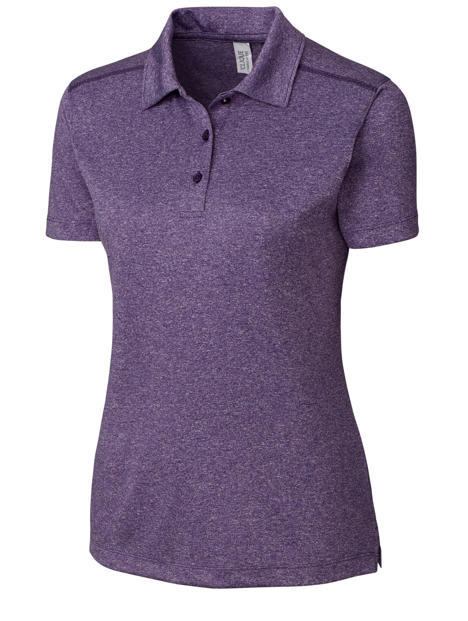 A purple polo shirt with a collar and buttons, featuring a logo on the side.