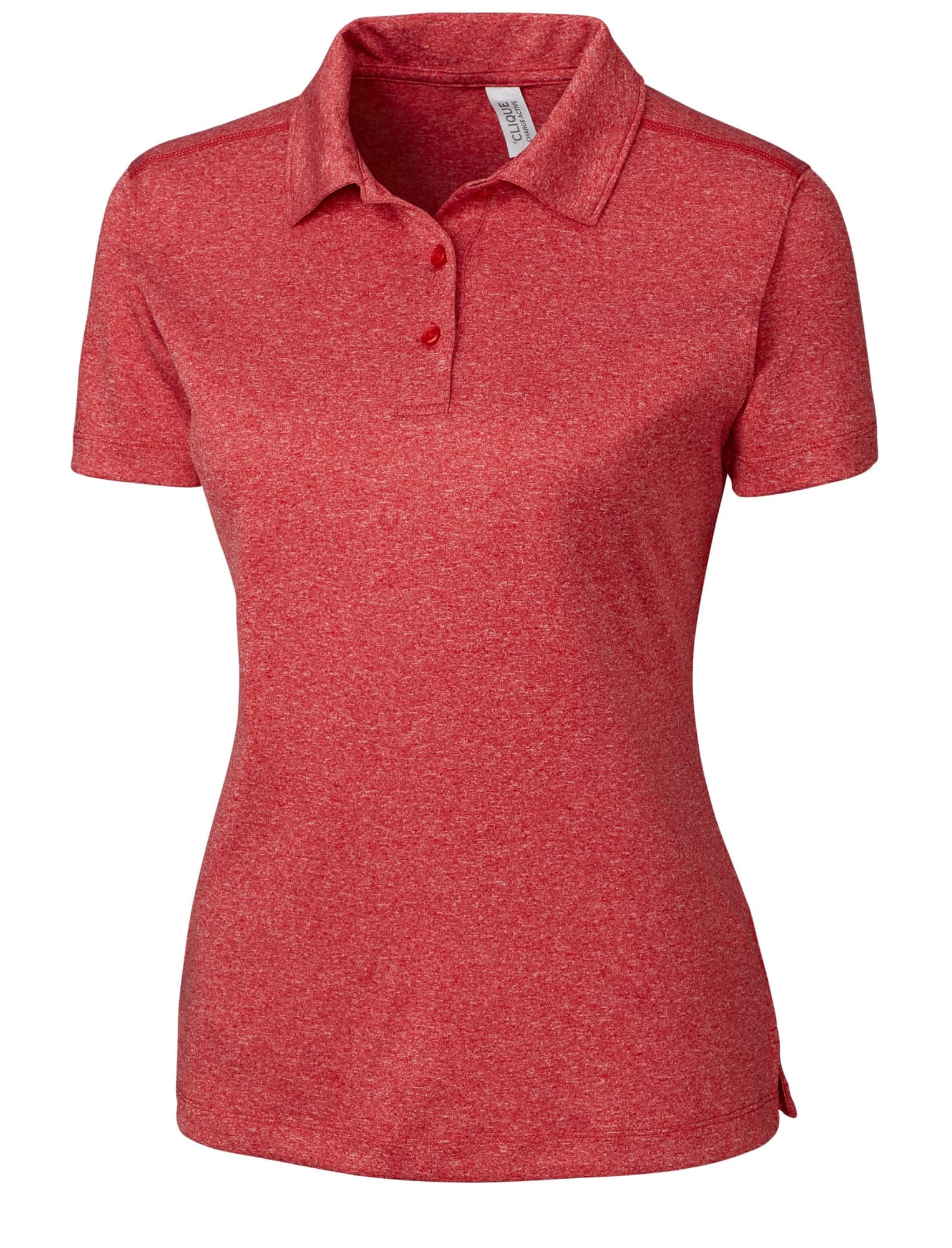 A red active polo shirt for ladies with a collared neck and a logo. Suitable for casual wear.