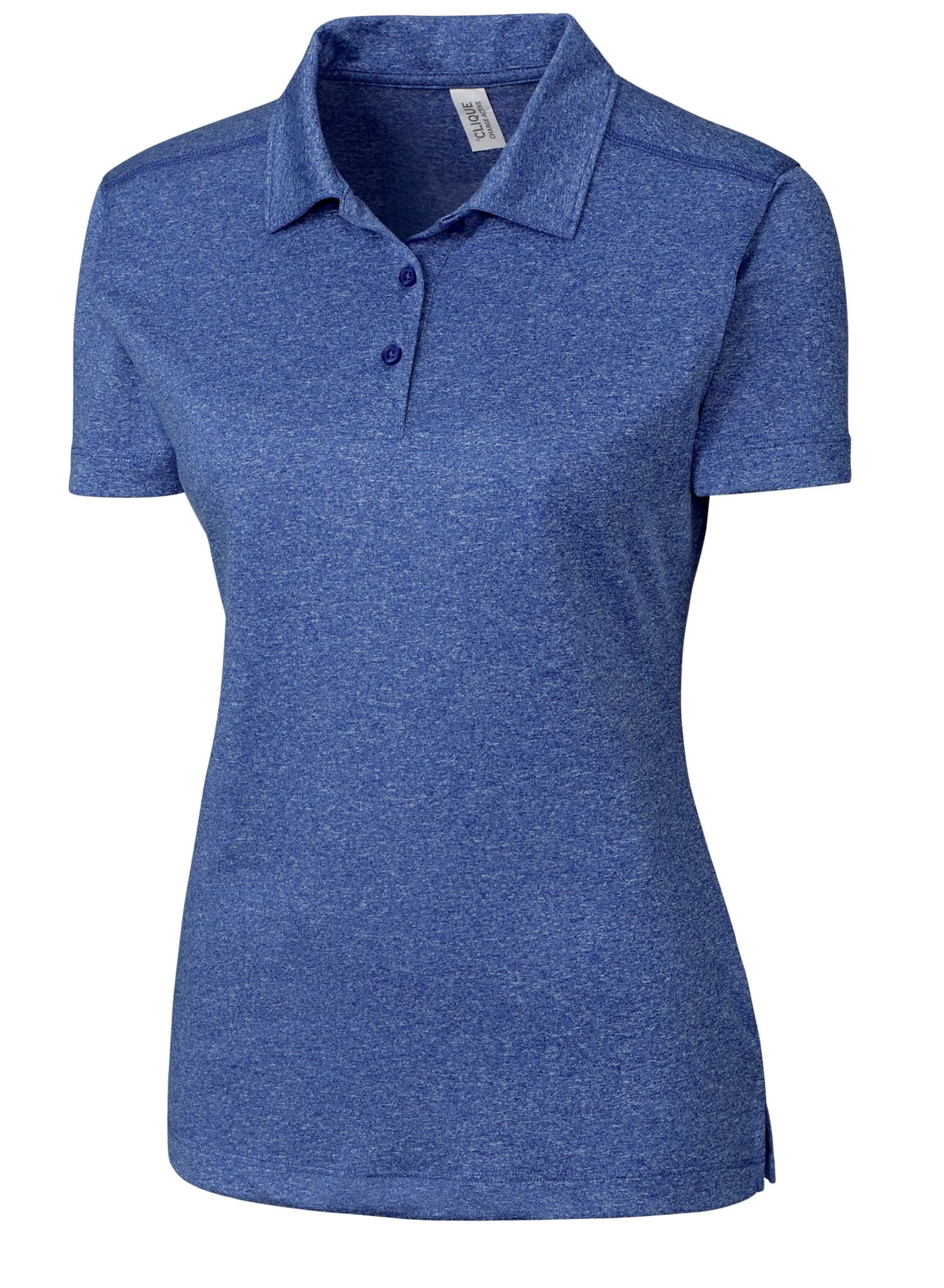 A blue polo shirt for women featuring a collar, button placket, and a logo.