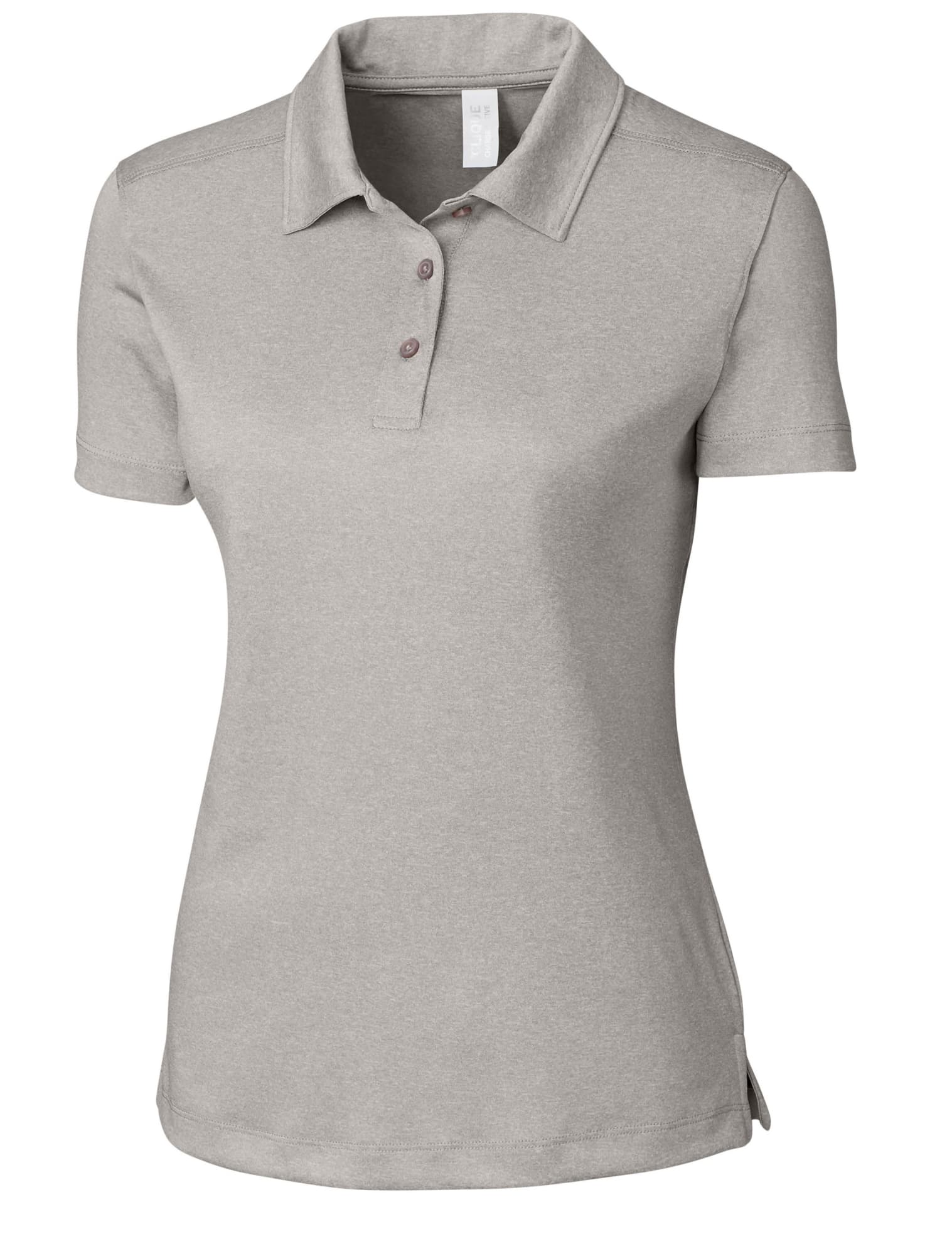 A light grey women's polo shirt with a collar and three buttons, featuring a logo on the chest.