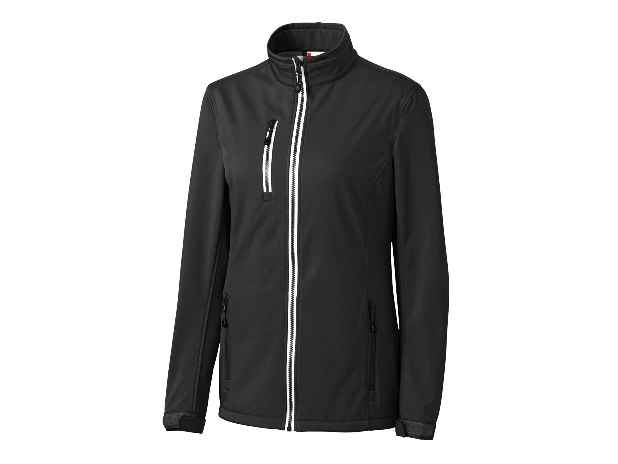 A black softshell jacket for women featuring a zipped chest pocket and zippered side pockets. It has a sleek design and attractive detailing.