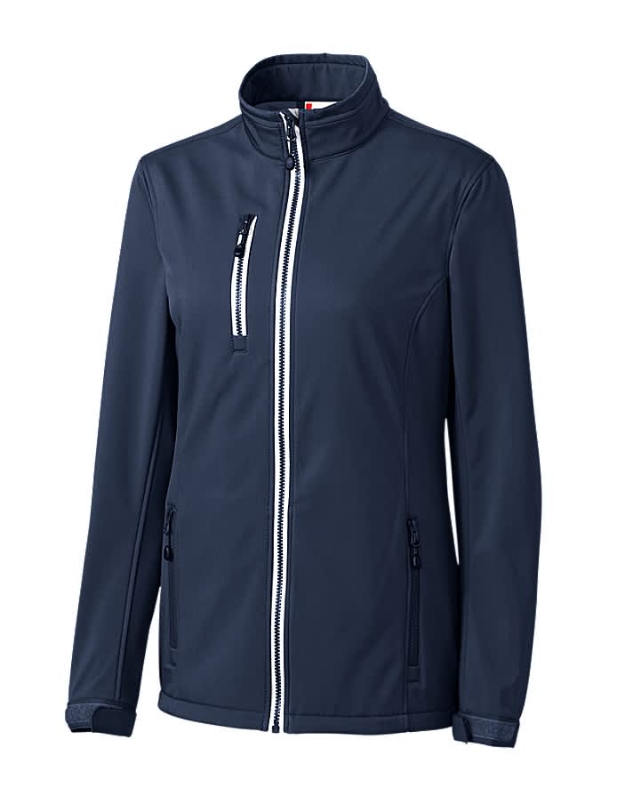 A navy softshell jacket designed for ladies featuring a zip front and stylish pockets. It has a logo on the garment.
