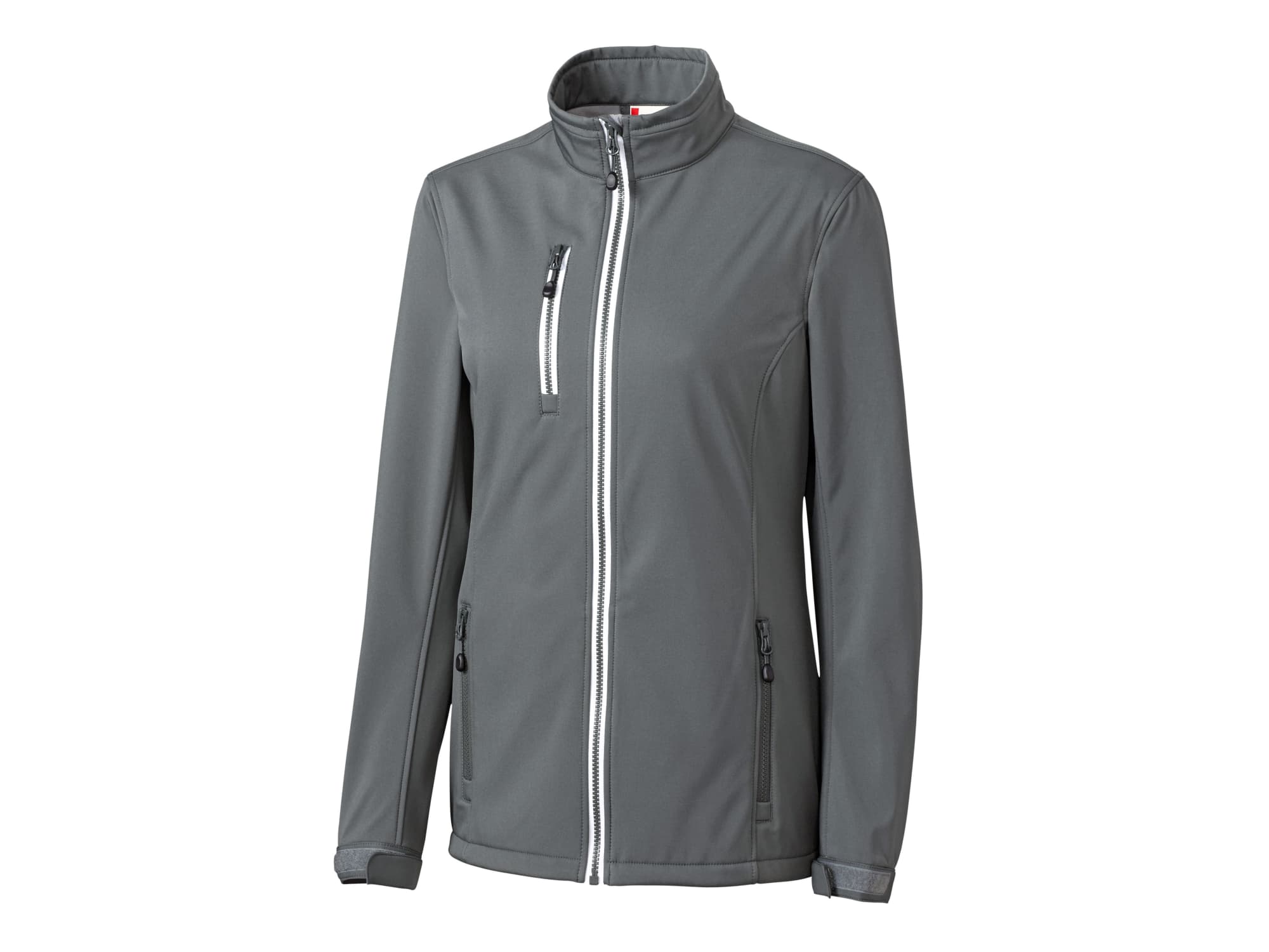 A softshell jacket in grey with a front zip, zippered pockets, and a high collar. Features a logo on the chest.
