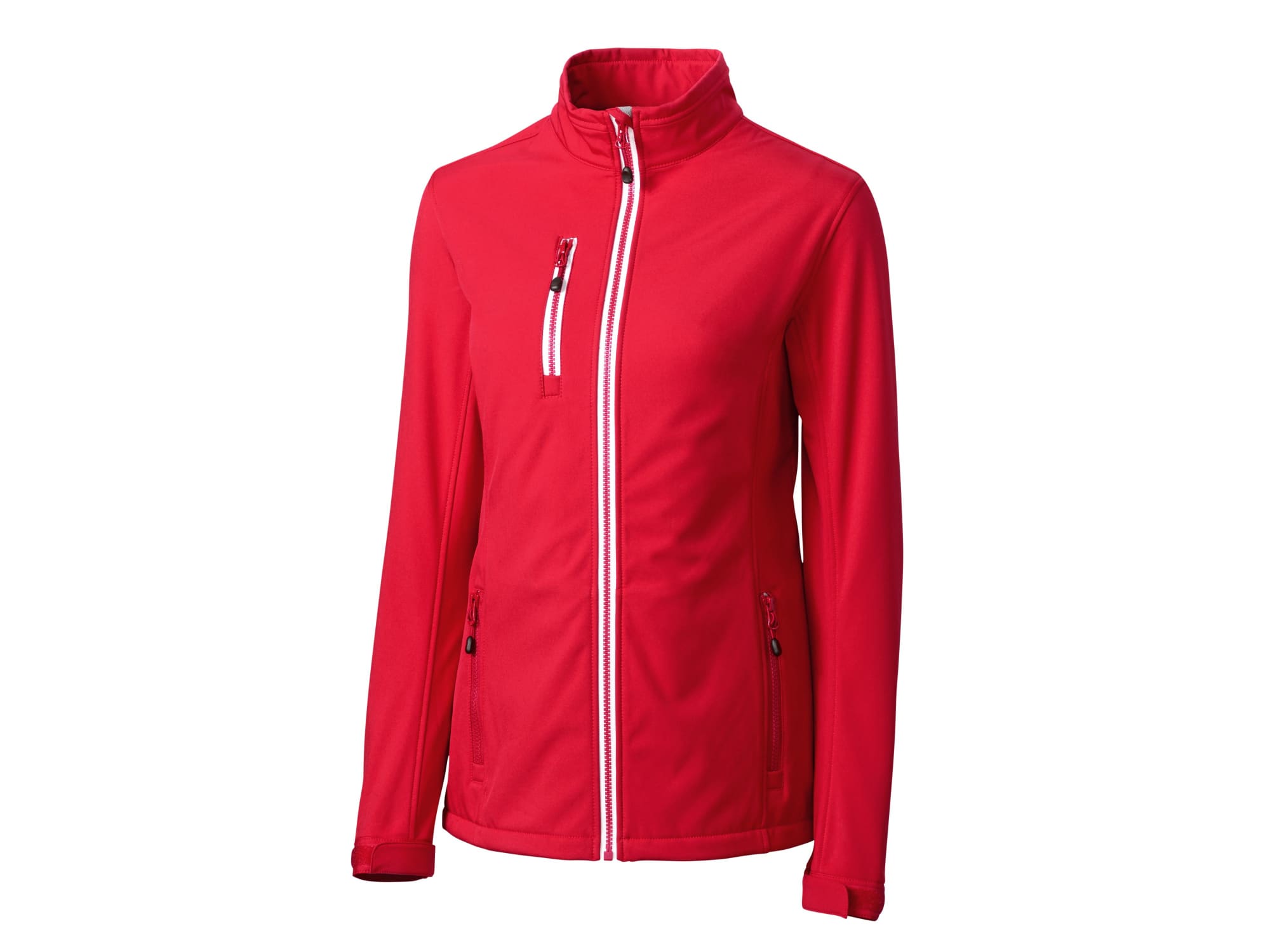A red softshell jacket with a zippered chest pocket and side pockets, featuring a logo on the sleeve.