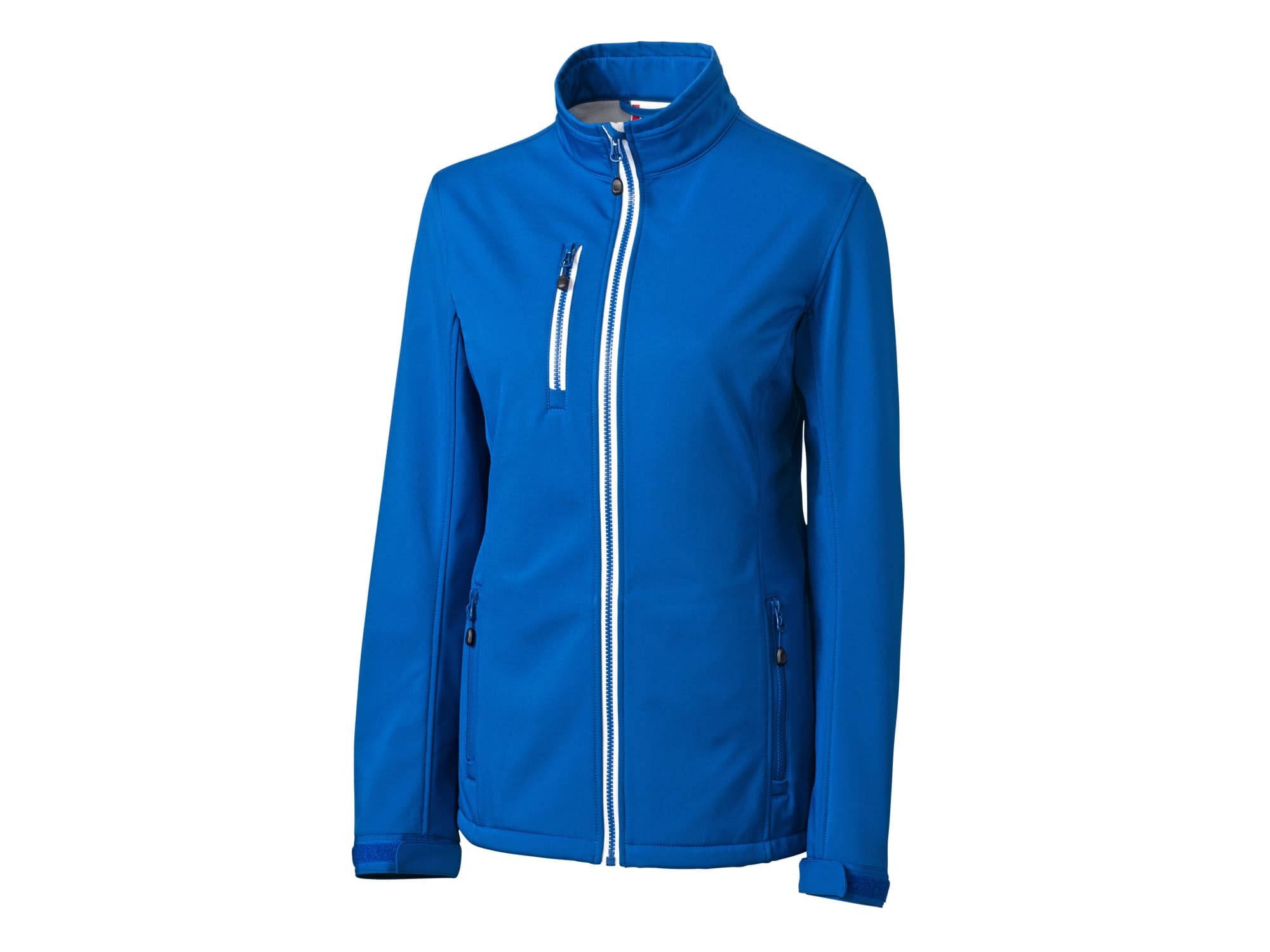 A blue softshell jacket with a zip front, zip pockets, and a standing collar. It features logo branding.