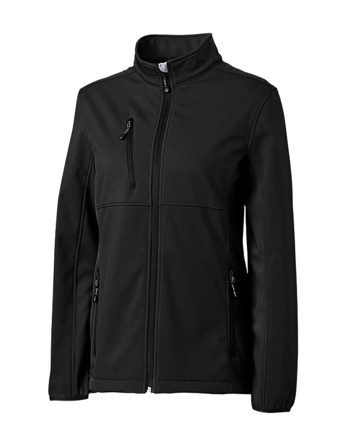 A black softshell jacket with a high collar, featuring zippered pockets and a logo.