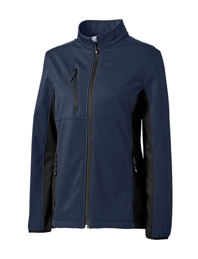 A navy and black softshell jacket with a zip closure and multiple pockets, featuring a logo.