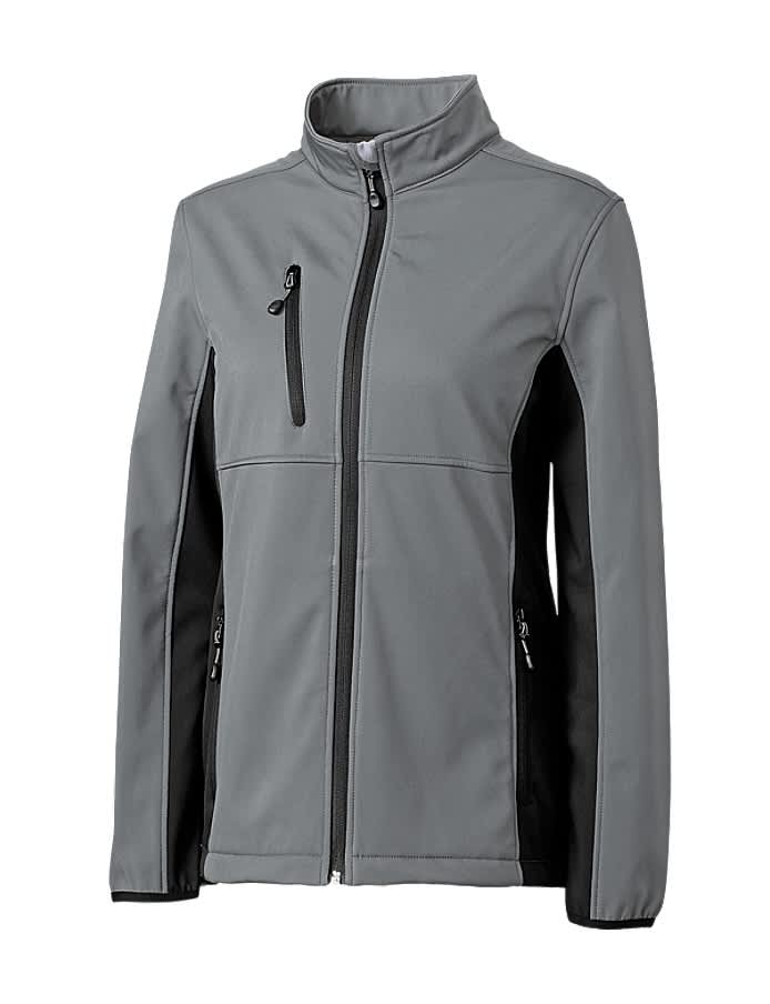 A softshell jacket in light grey with black side panels, featuring a zippered front pocket and a high collar.