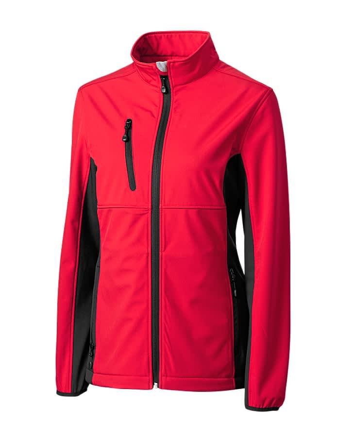 A red and black softshell jacket featuring a zip front and multiple pockets. It has a logo on the chest.
