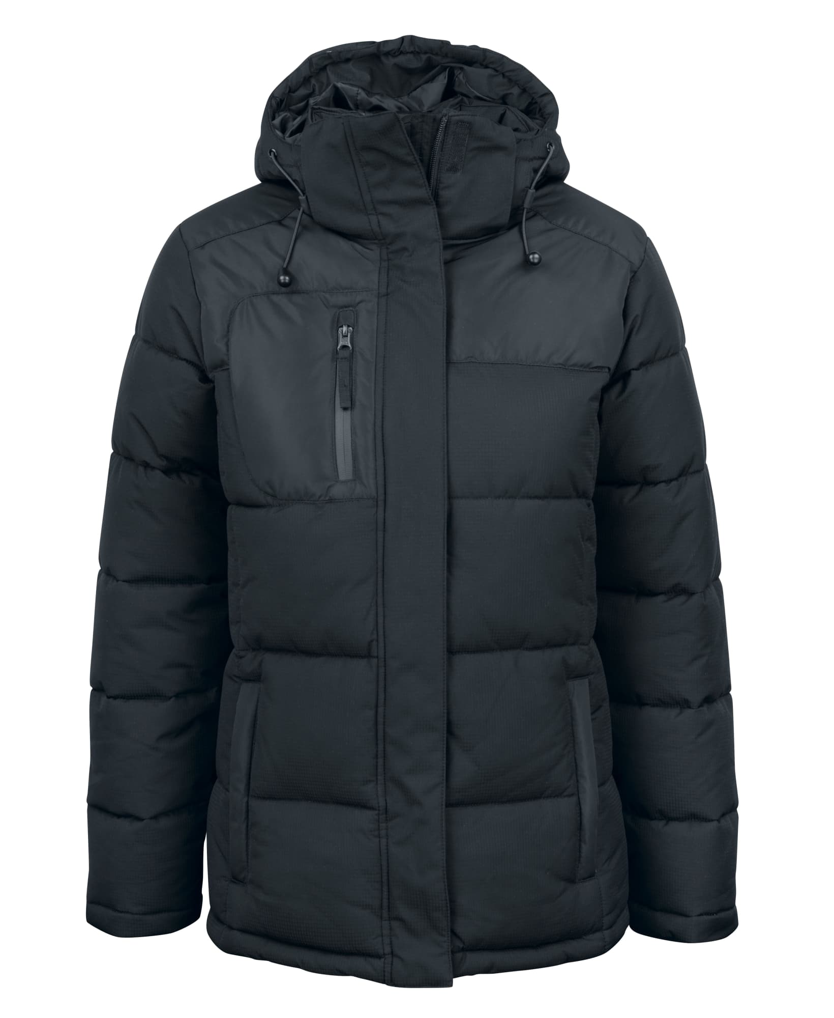 A black puffer jacket with a hood, featuring a zip pocket and adjustable drawstrings. It has a logo on it.