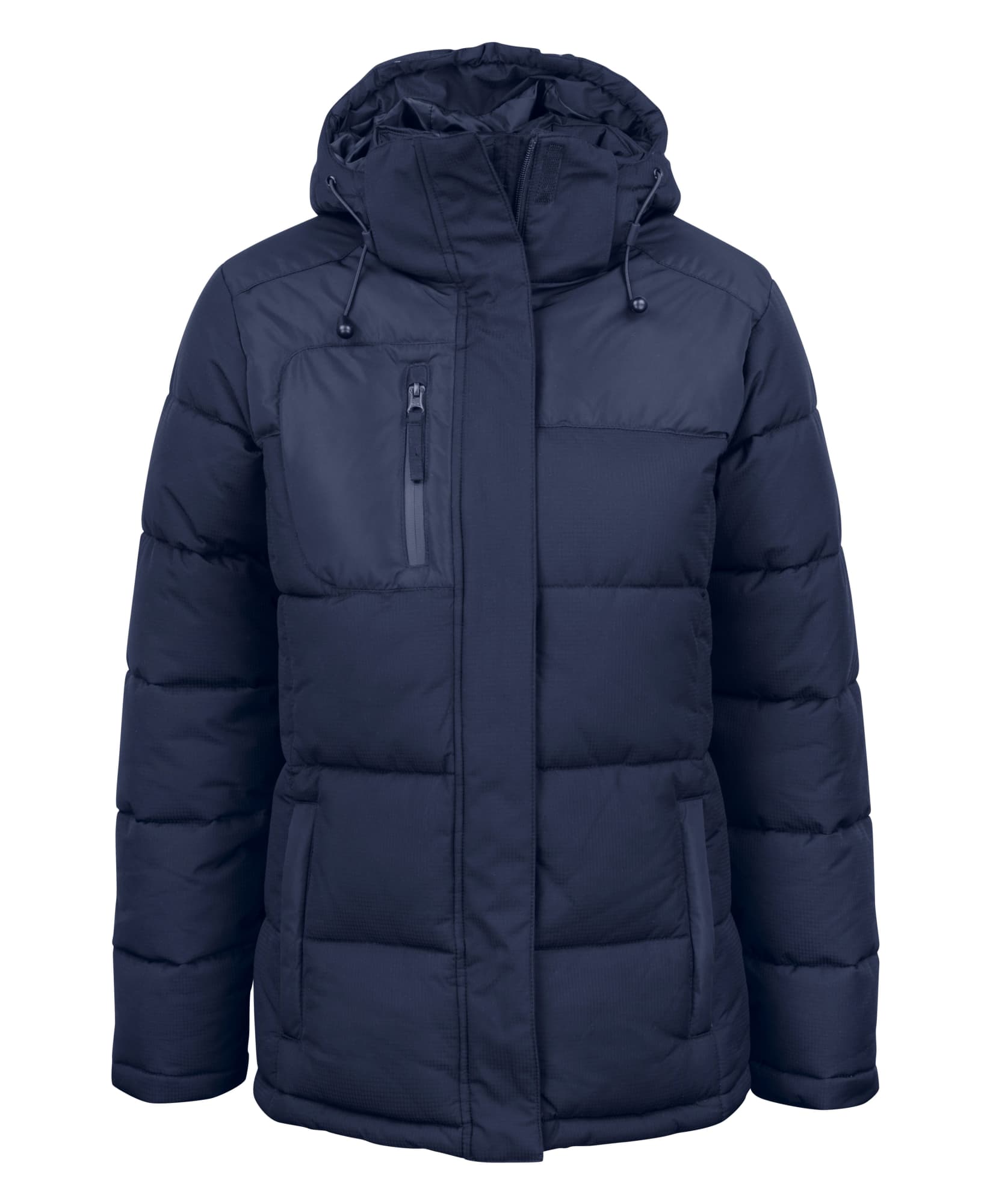 A navy puffer jacket with a hood, featuring pockets and a zip front, and a logo on the chest.