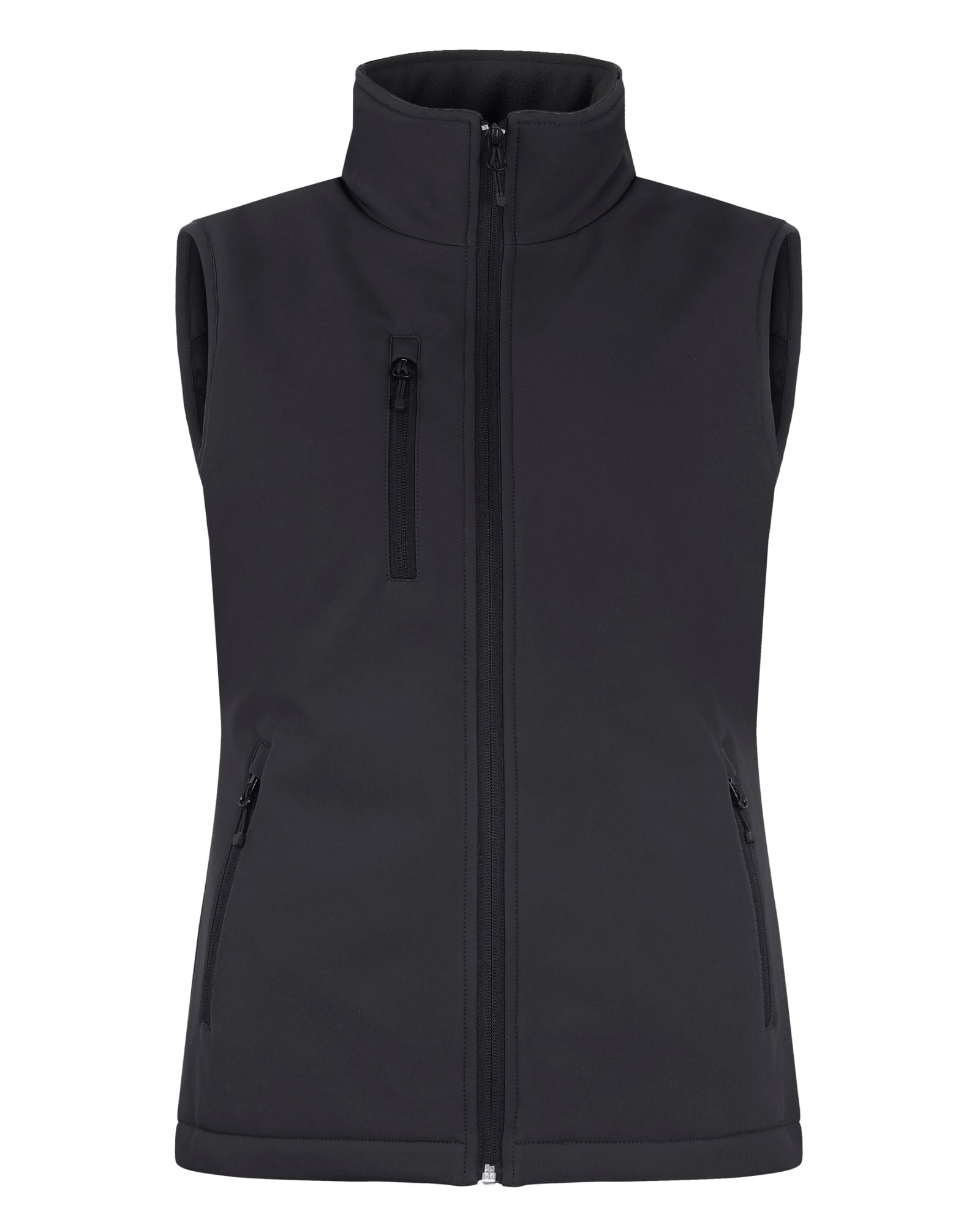A black softshell vest with a high collar and zippered pockets, featuring a logo on the chest.