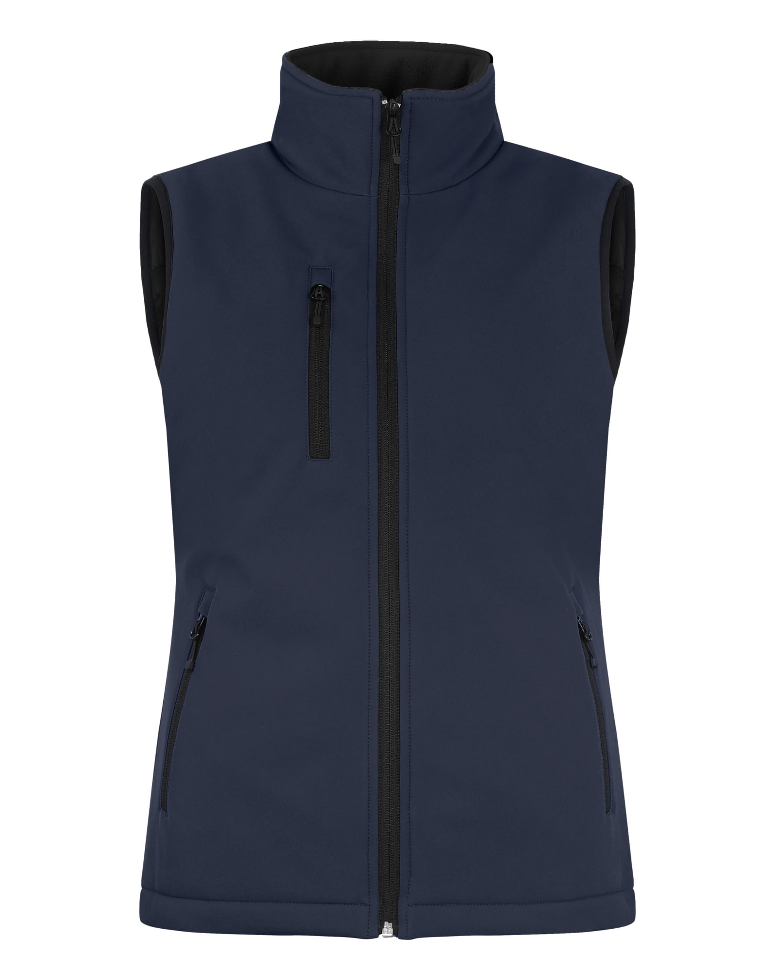 A navy blue softshell vest featuring a high collar and zippered pockets, with an interior lining.