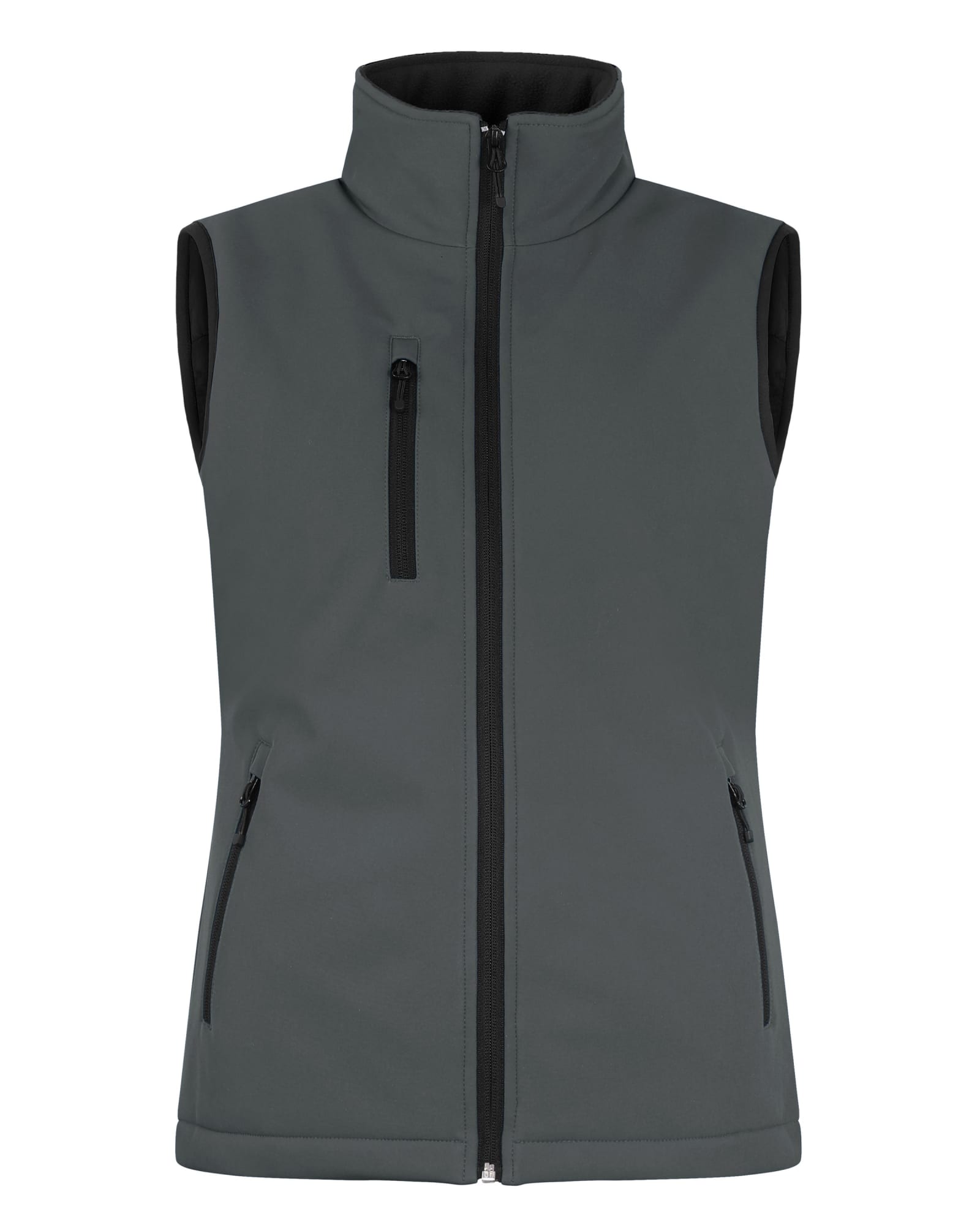 A softshell vest in dark green featuring a zip front, two side pockets, and a chest pocket. It has a logo.