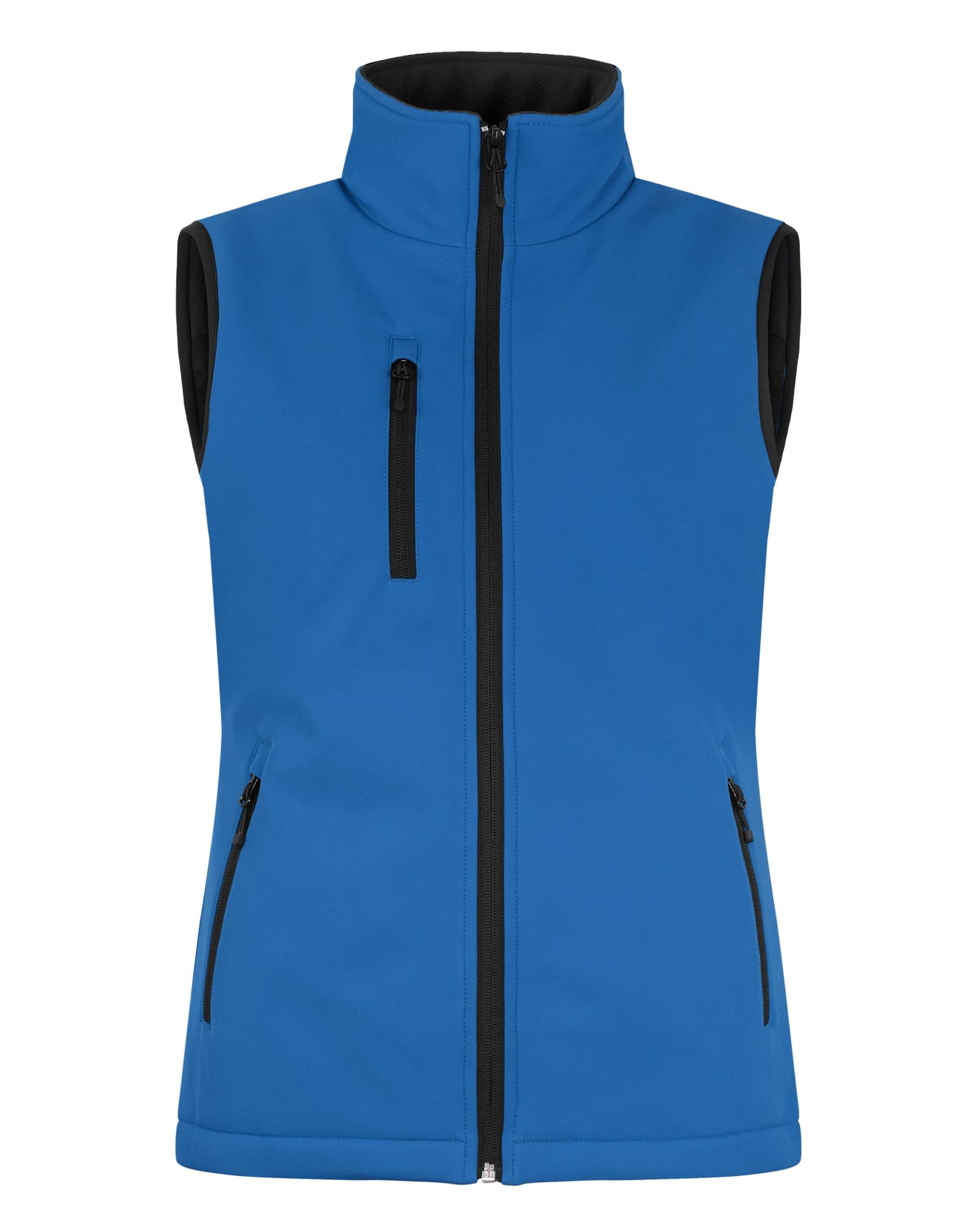 A blue softshell vest with a high collar and zippered pockets, featuring a black interior. It has a logo on it.