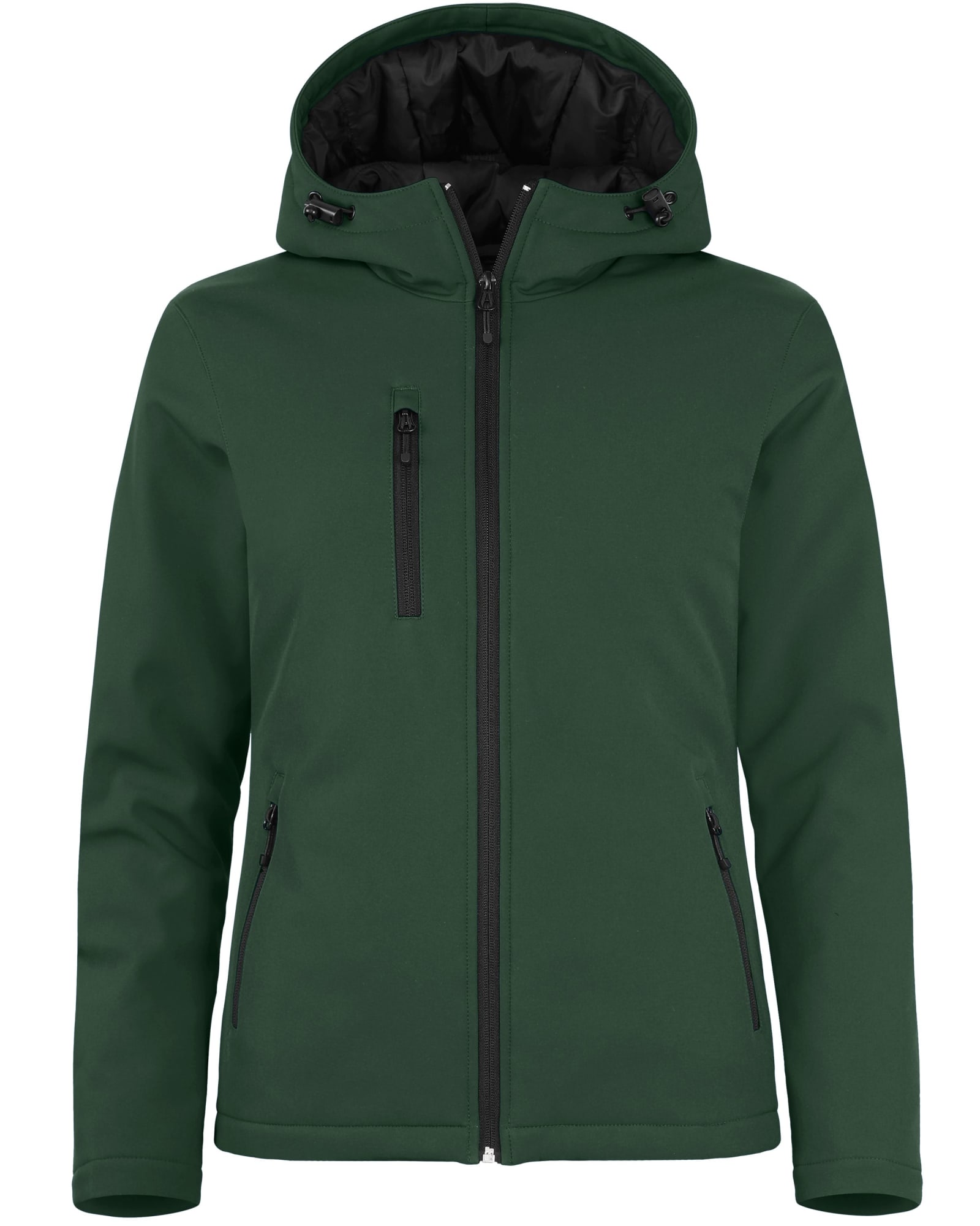 A green softshell jacket featuring a hood, zippered front, and multiple zippered pockets. It has a branding logo.