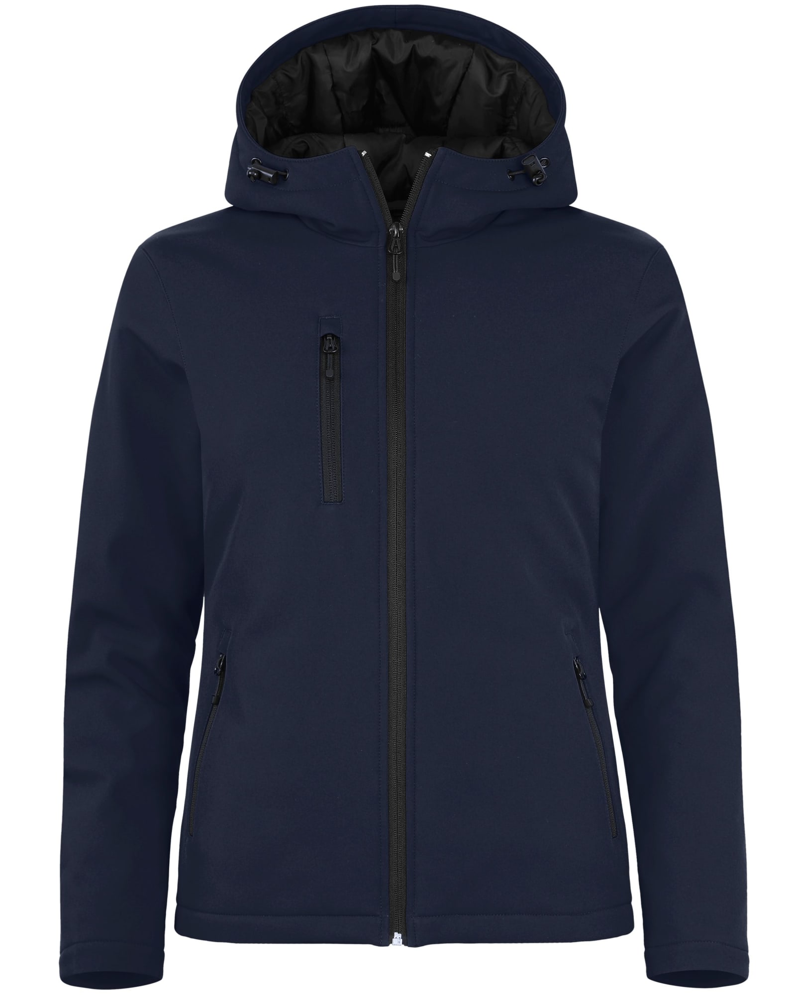 A navy softshell jacket for ladies, featuring a hood and multiple zippered pockets. Includes branding on the design.