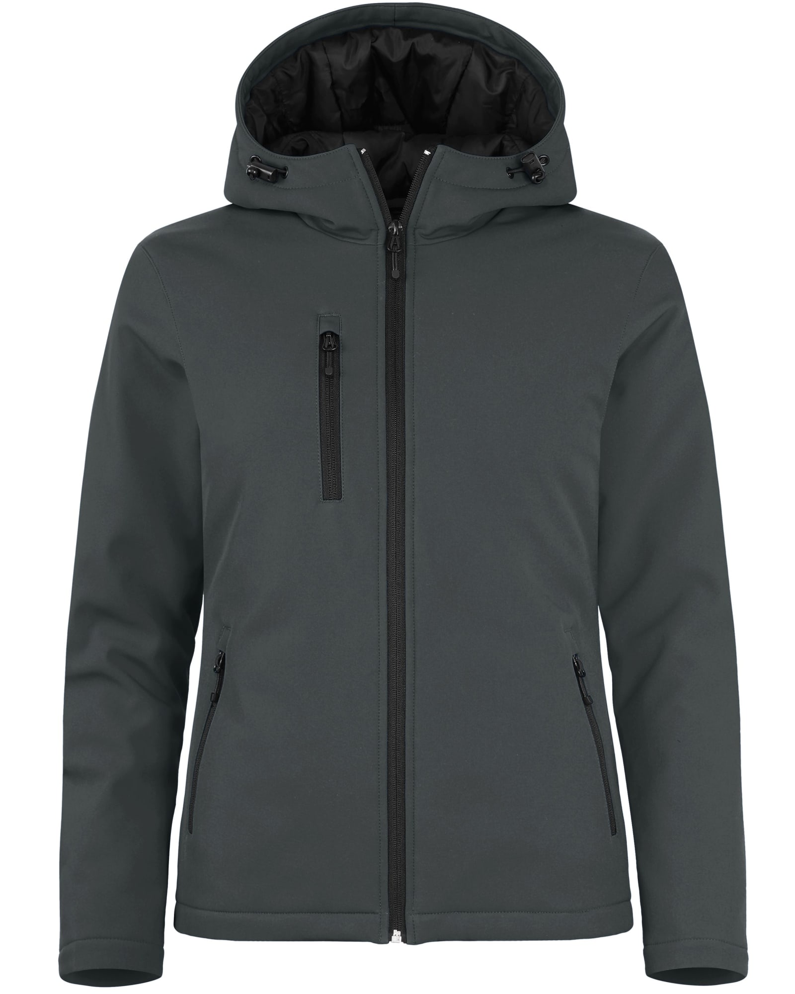 A dark green softshell jacket with a hood and zippered pockets, featuring a logo on the chest.