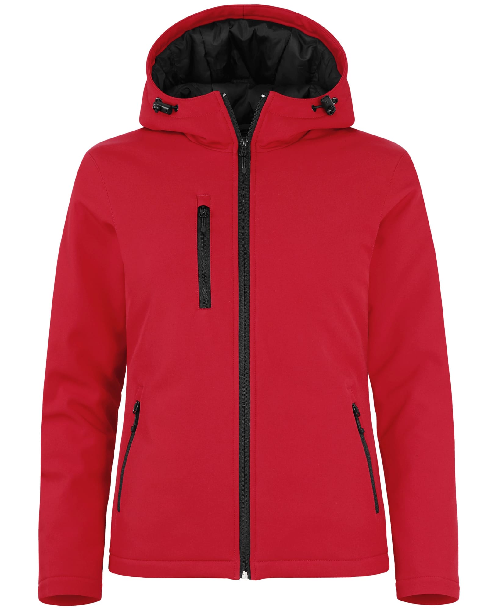 A red ladies softshell jacket featuring a black hood, zippered pockets, and a clean design. It has a logo on the front.