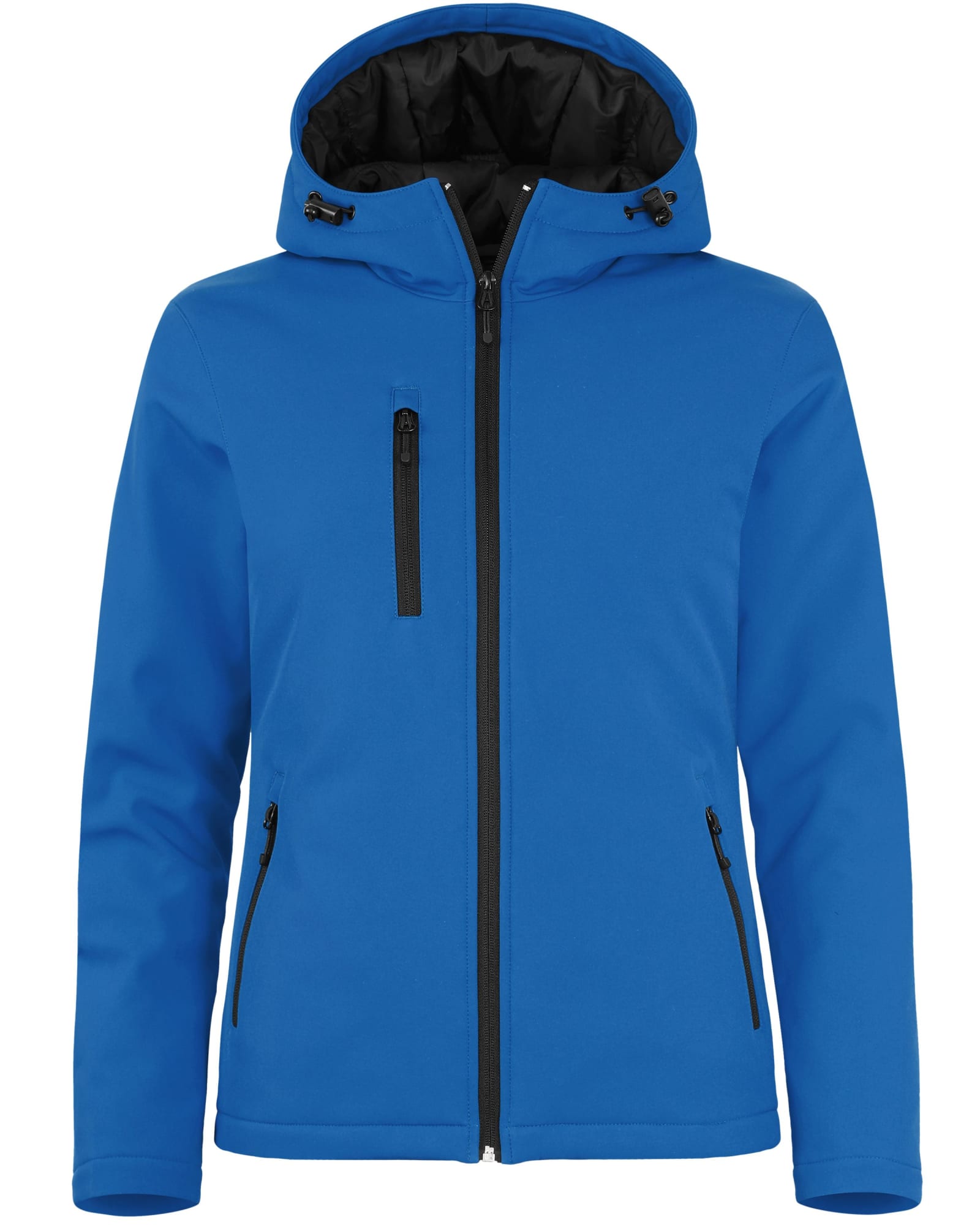 A blue softshell jacket with a hood, featuring a black lining and zippered pockets, along with a branding logo.