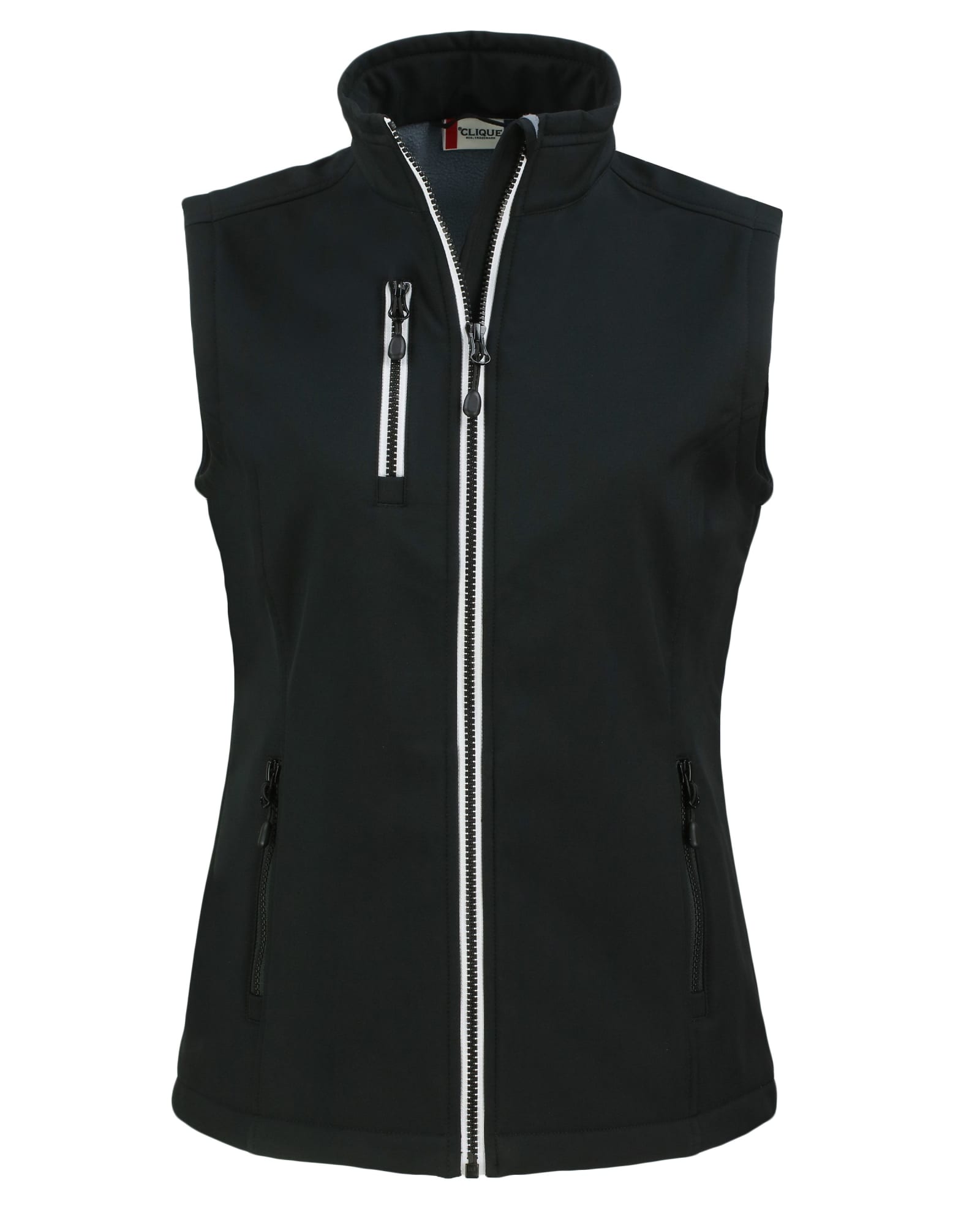 A black softshell vest with a high collar, featuring zippered front pockets and a central zip closure.
