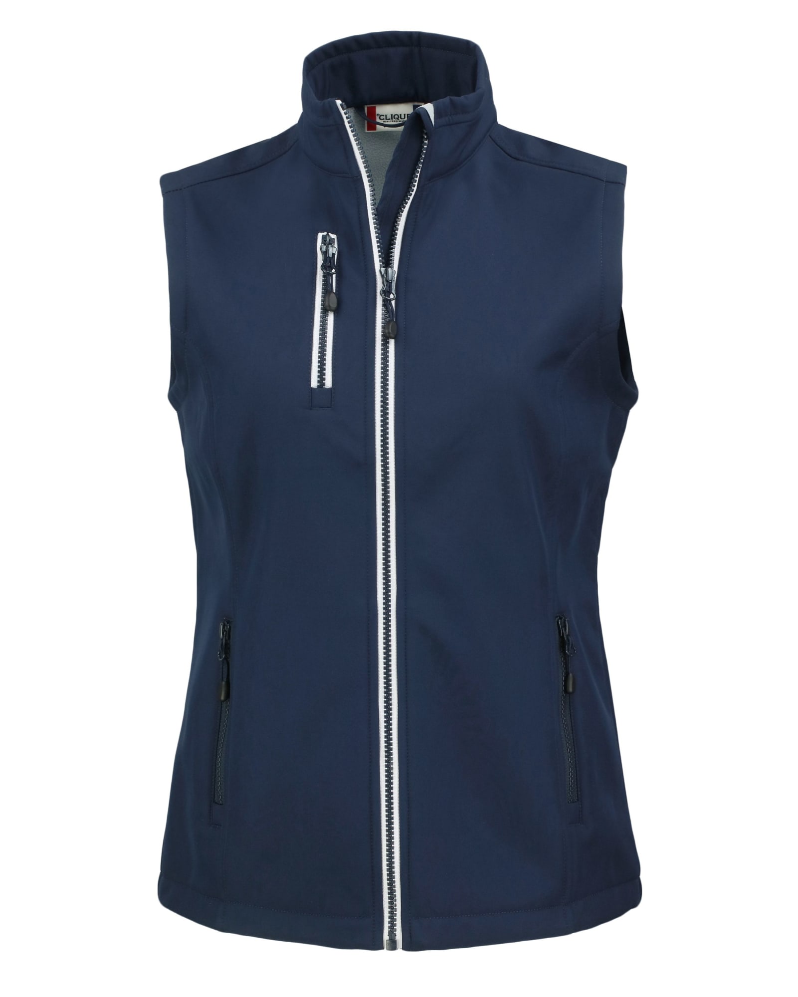 A navy softshell vest with a high collar, featuring two zippered side pockets and a zippered chest pocket.