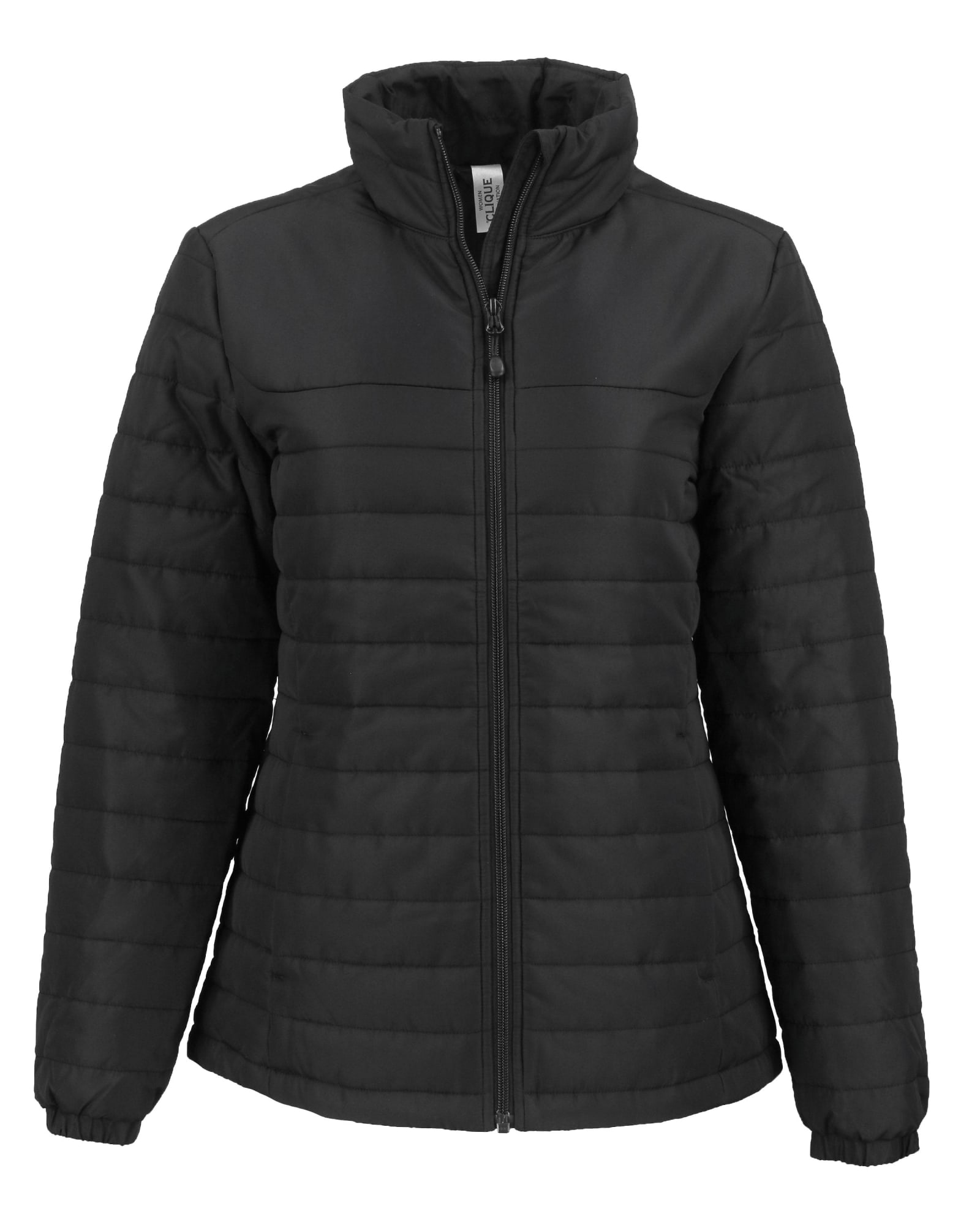 A black puffer jacket with a zip front and high collar, featuring stitched padding and a logo.